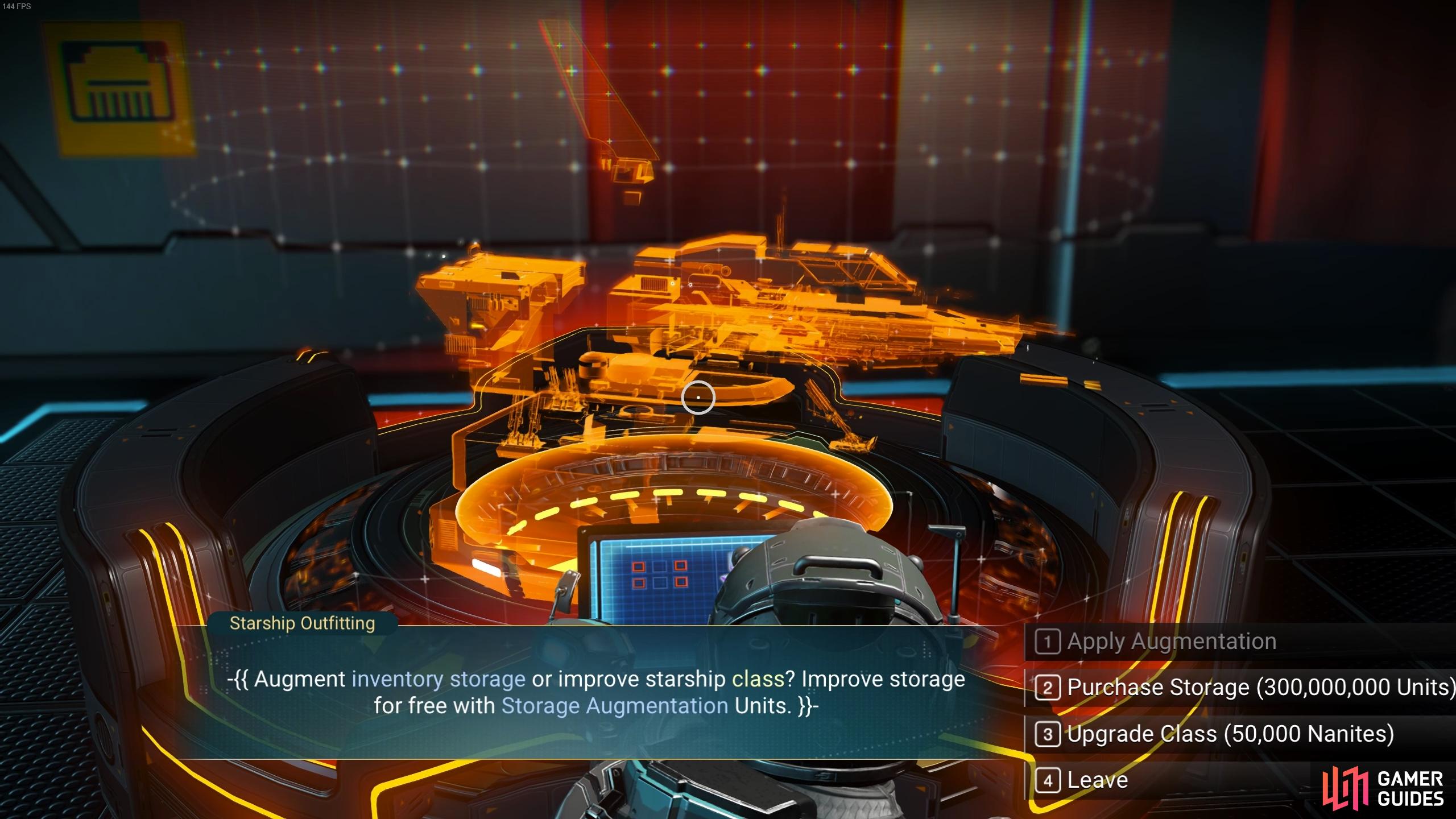 At the Starship Outfitting hub, you can upgrade the class tier of your ship with Nanites, or increase inventory slots with Units.