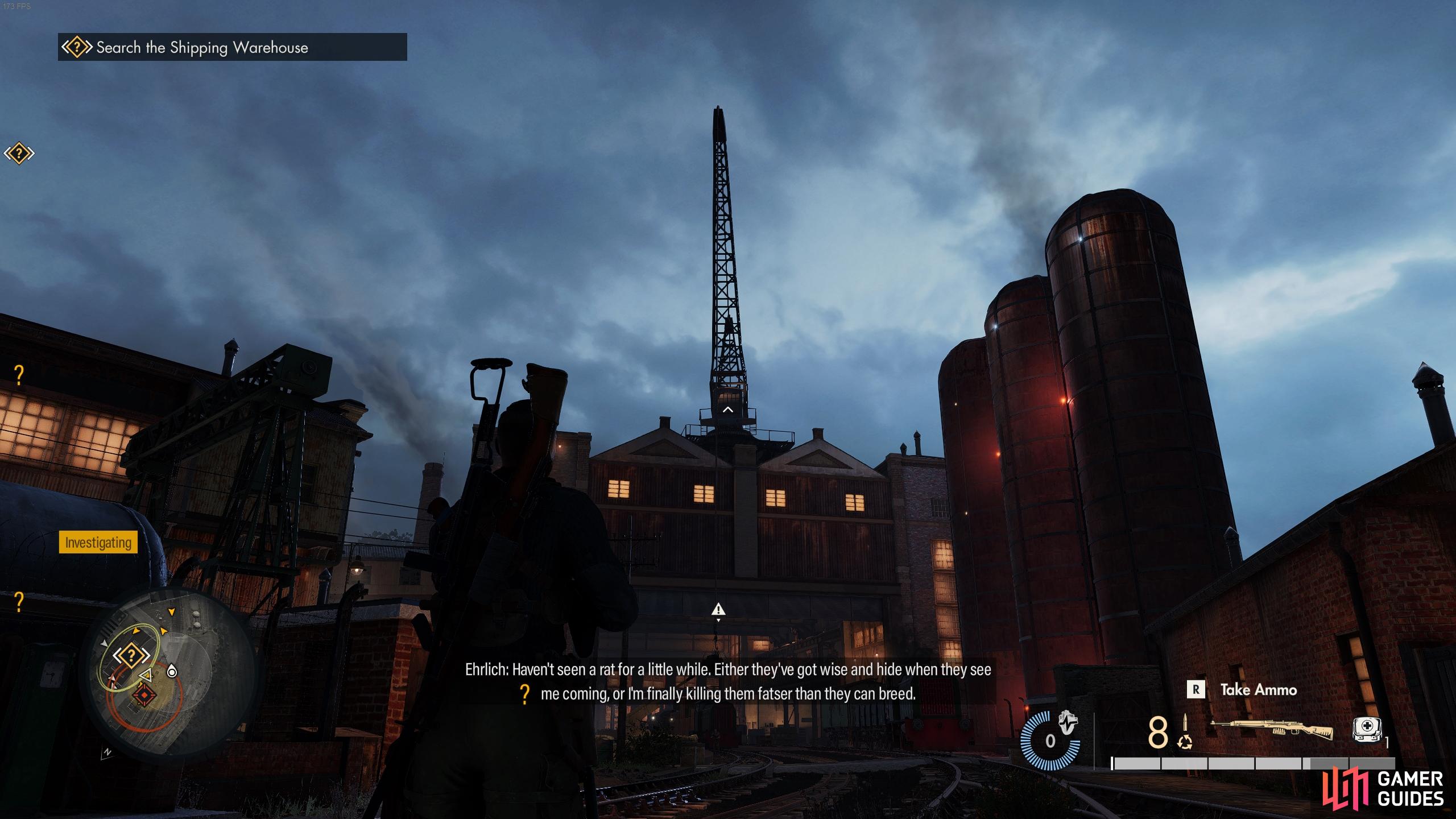The crane is located just above the warehouse building, and you can see the operator when you scope in.