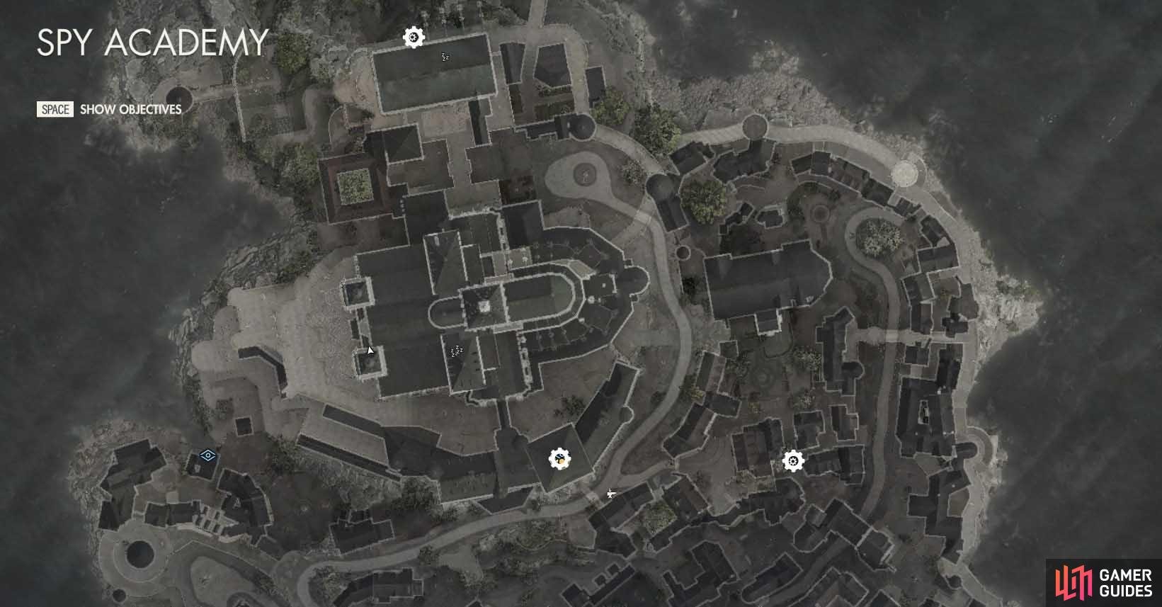 The location of all three workbenches in Mission 3: Spy Academy.