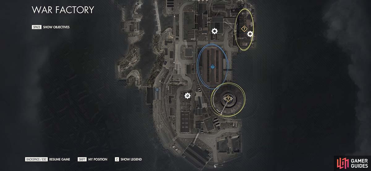 The location of all three workbenches on the War Factory level.