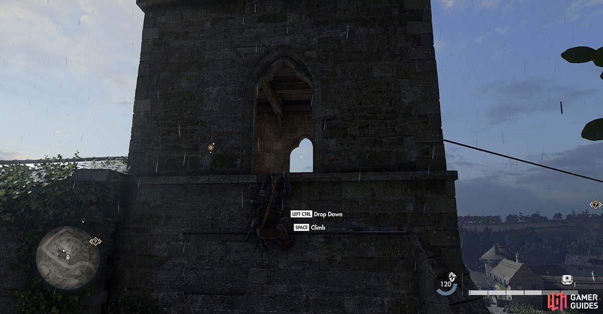 Performing your best Splinter Cell moves, shimmy up the church tower via the vines.