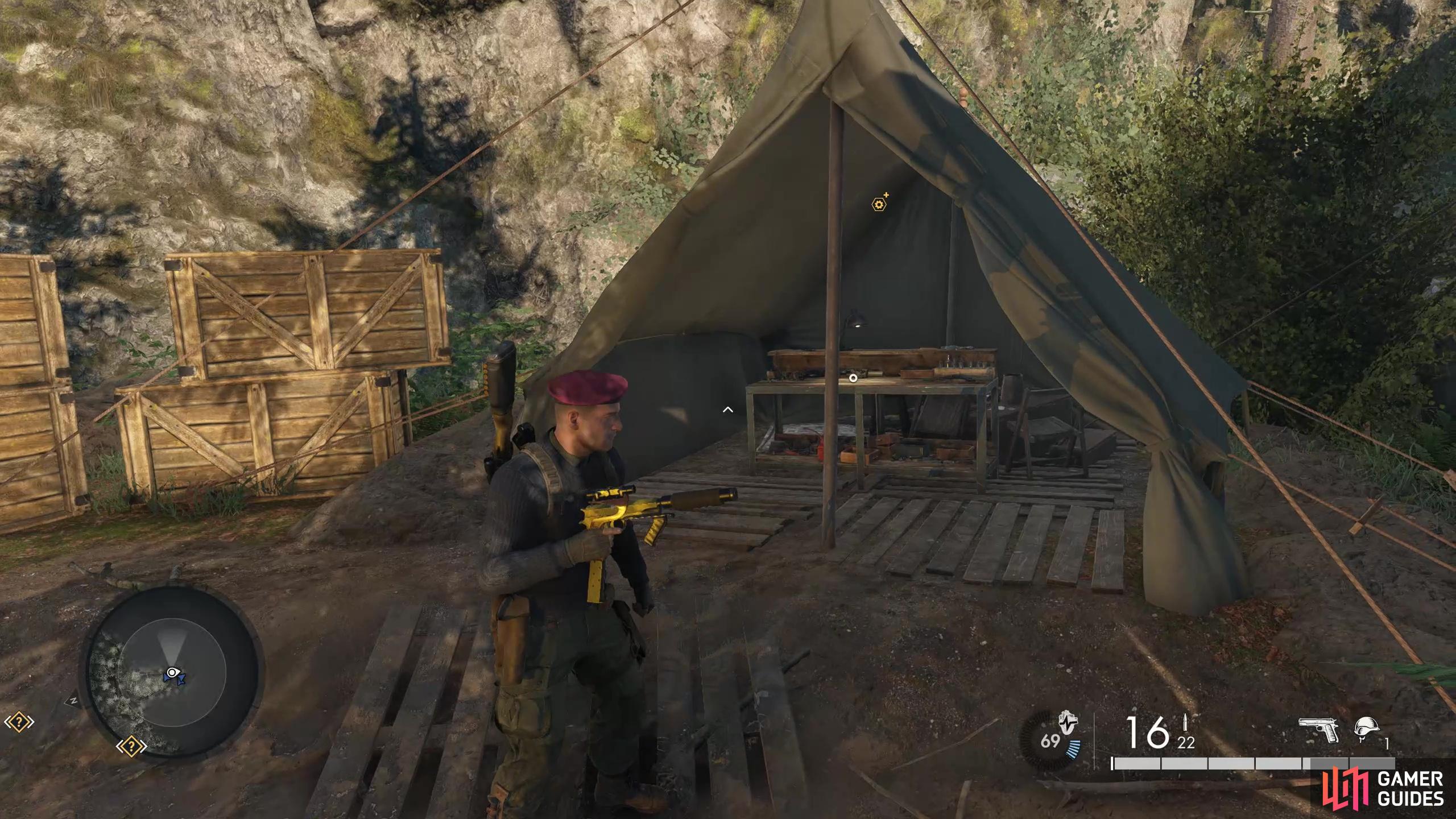 Once at the top you will come across lots of goodies and this tent that contains the Resistance Camp Workbench.