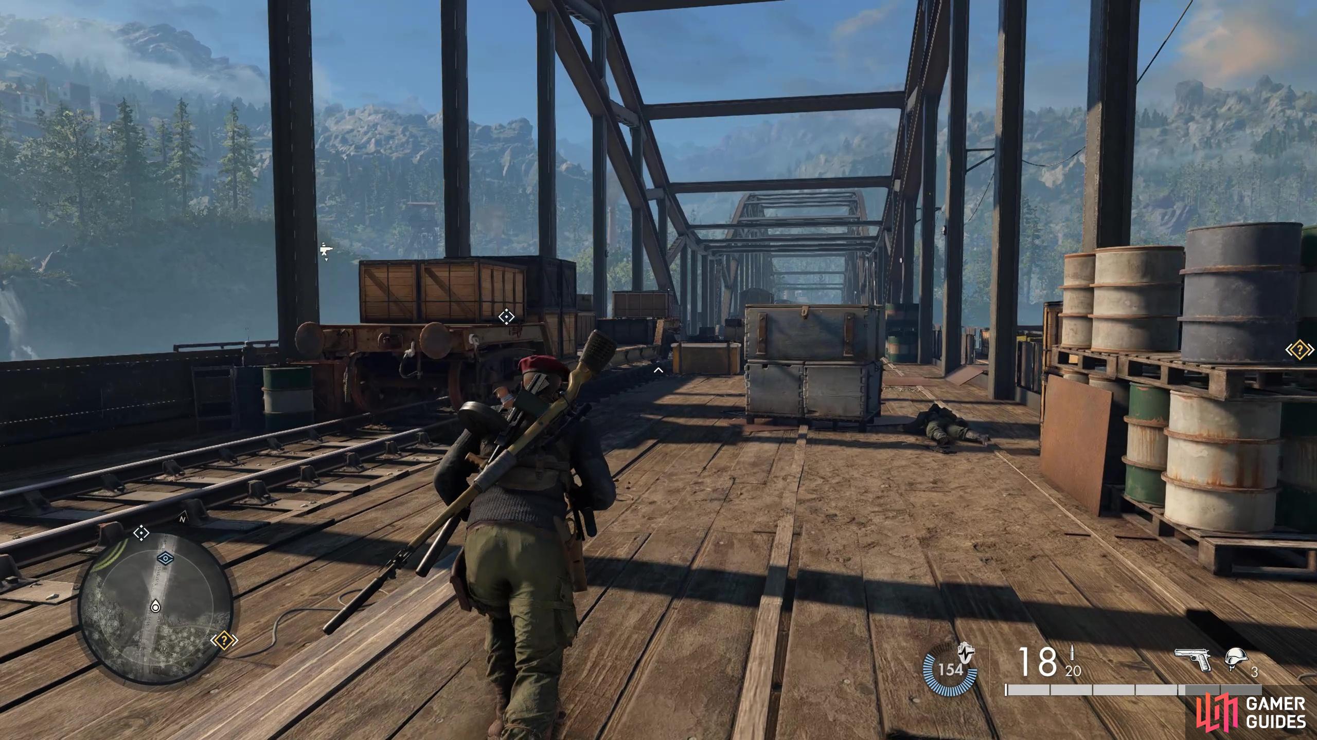 Running across the railway bridge is the most direct route to the next workbench from the abandoned cabin.