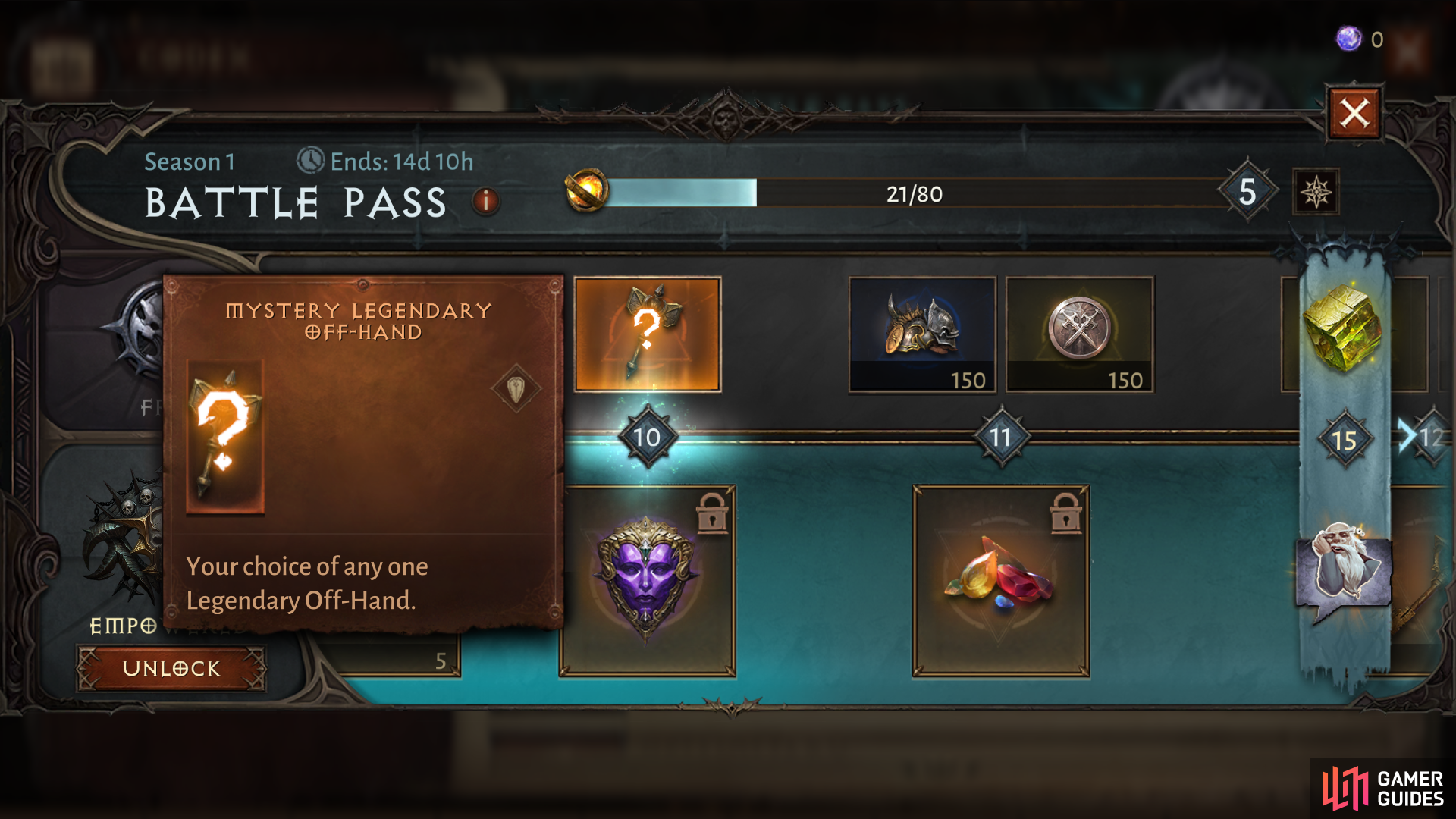 You'll get your first Legendary Off-Hand Weapon upon reaching Rank 10 in the Battle Pass.
