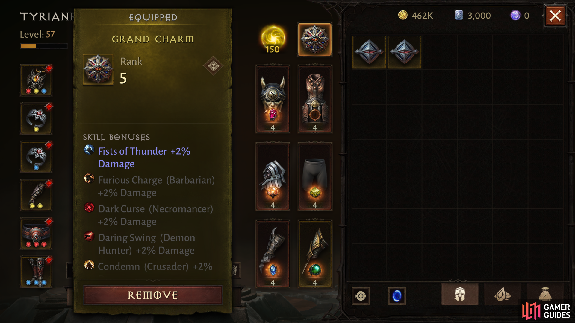 Charms can be upgraded to hold up to five skills with varying damage bonuses.