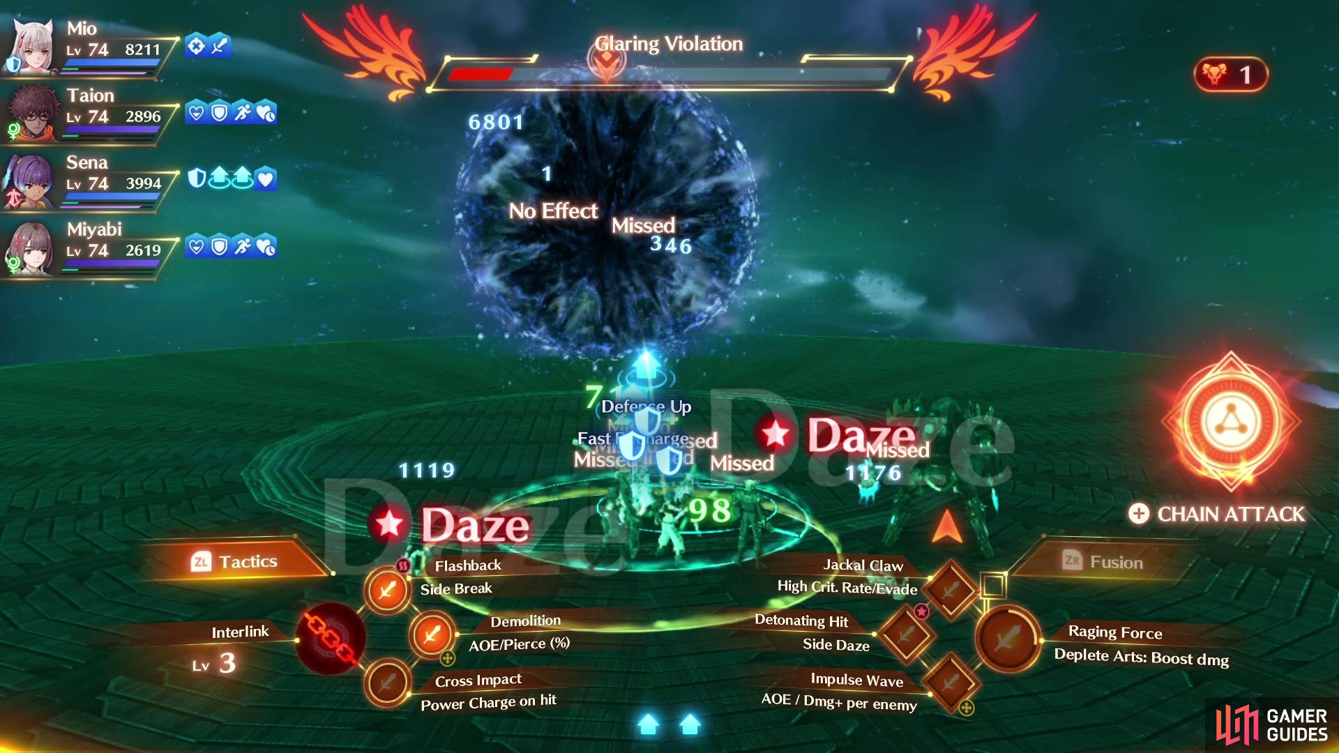 Glaring Violation has the possibility of inflicting Daze on the entire party.