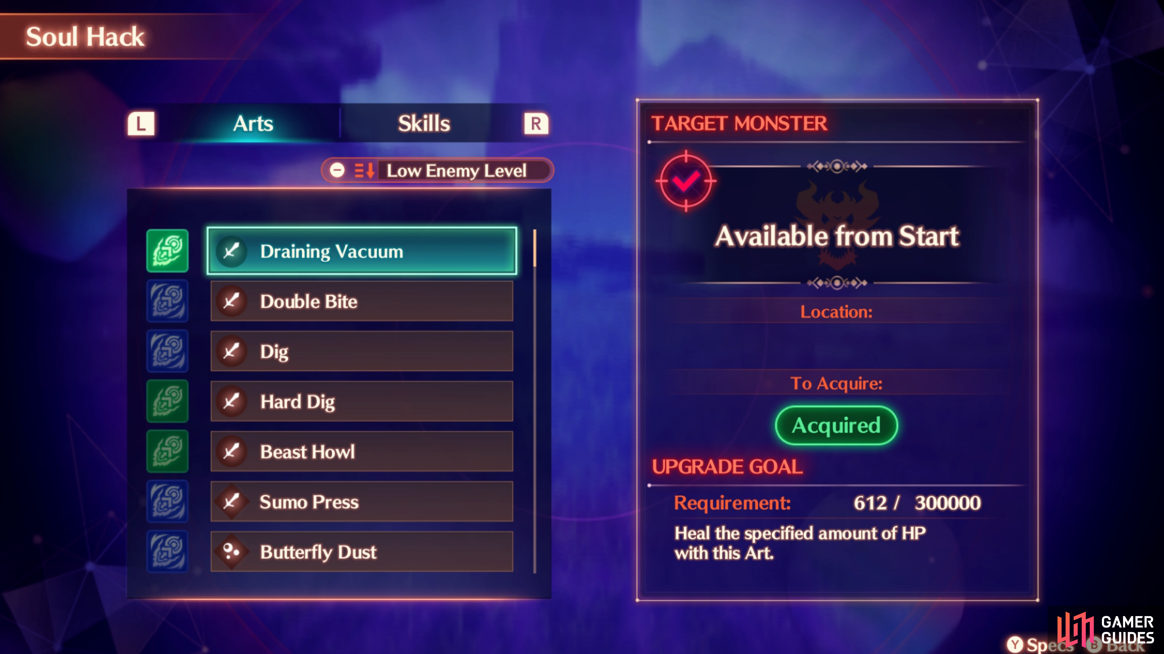 You can find what Arts youve acquired by going to the Heroes menu, and accessing the Soul Hack List by pressing Y.