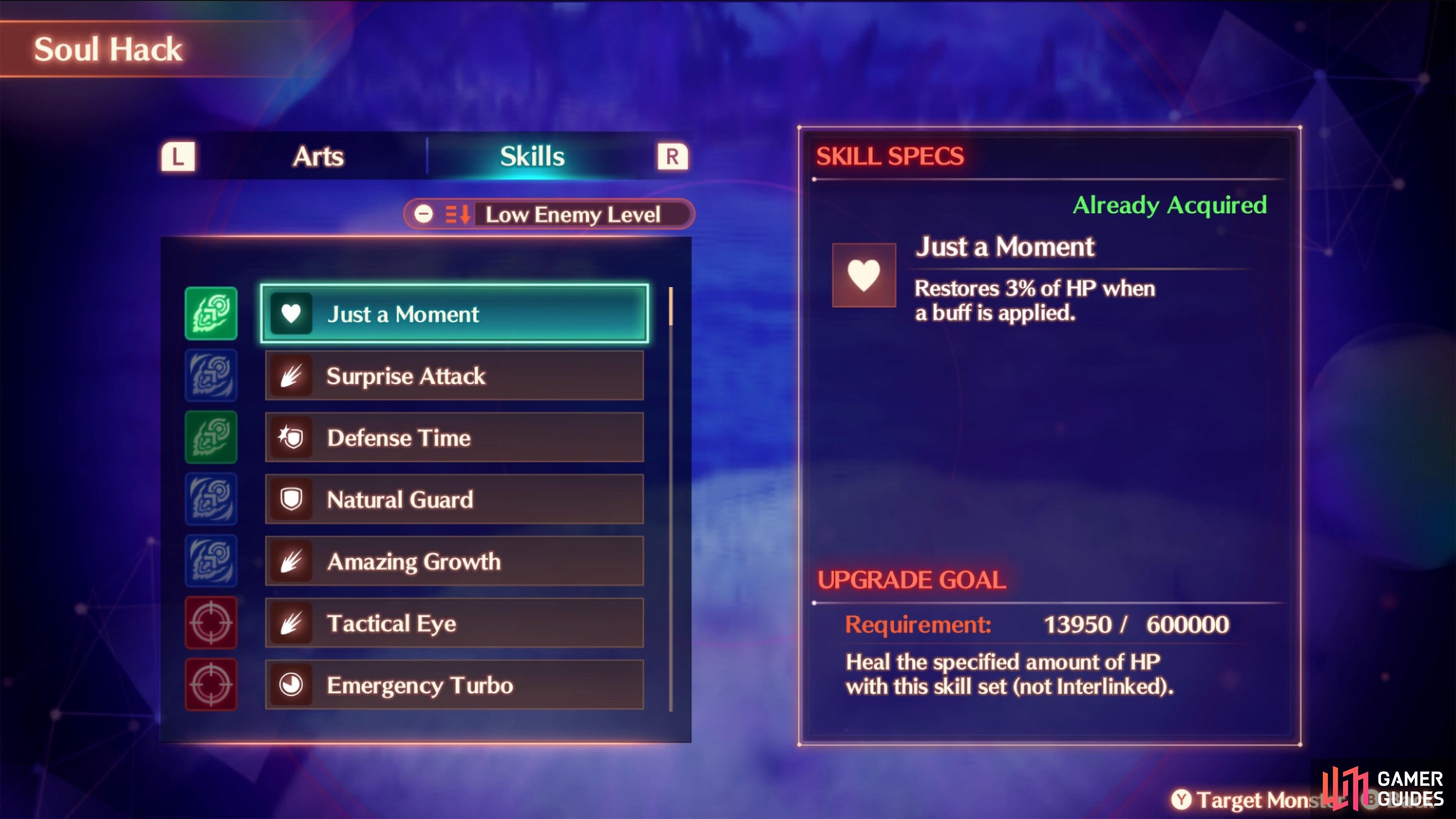 You can access the Skills menu by going to Heroes > Soul Hack List (Y) > Skills (R).