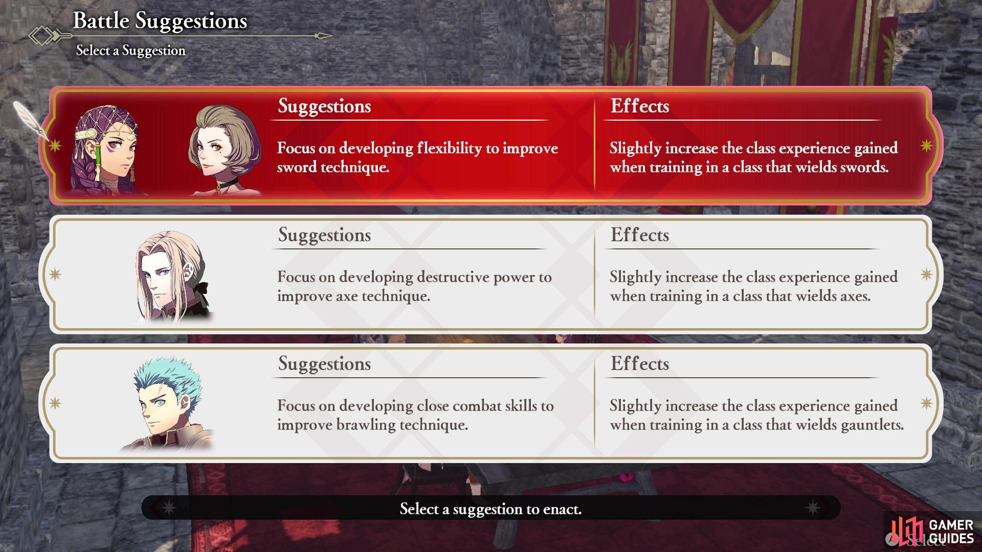 You will see three different Battle Suggestions at the start of each chapter