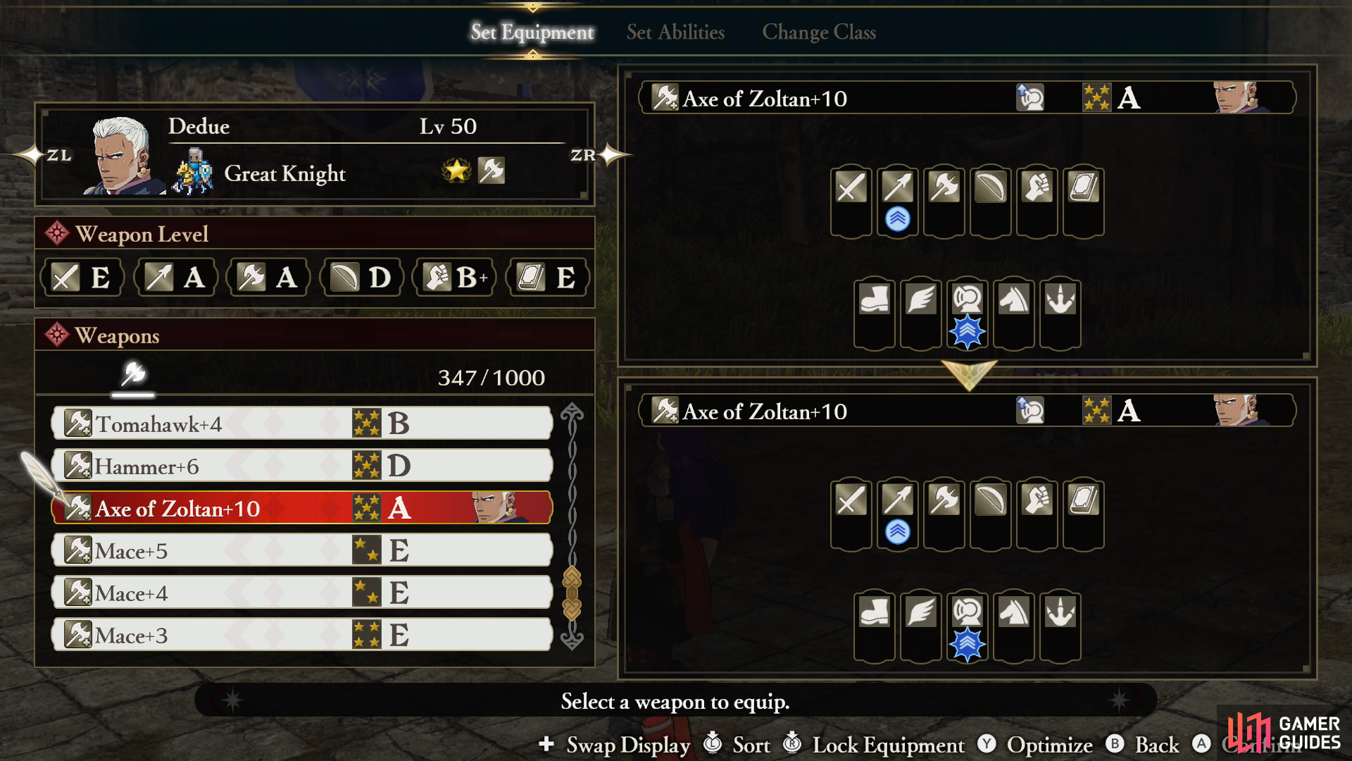 You can also see the advantages of individual weapons in the Set Equipment menu,