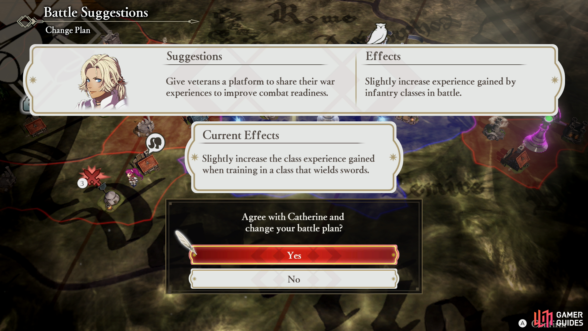 Characters can suggest new Battle Suggestions after completing Side Quest battles on the War Map. This will overwrite the previous Battle Suggestion and earn the character who recommended the new suggestion Morale and Support Points.