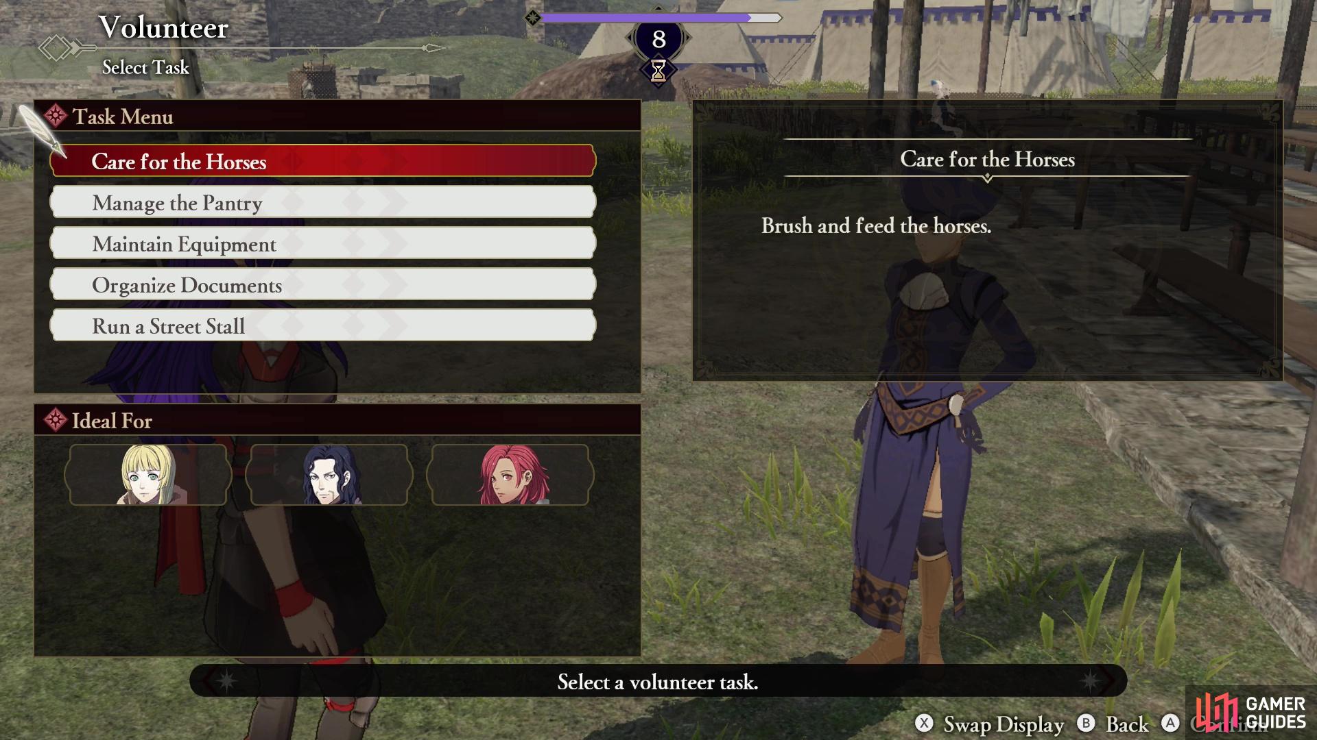 Some characters are more inclined towards different chores, as seen at the bottom left of the screen during the chore selection menu.