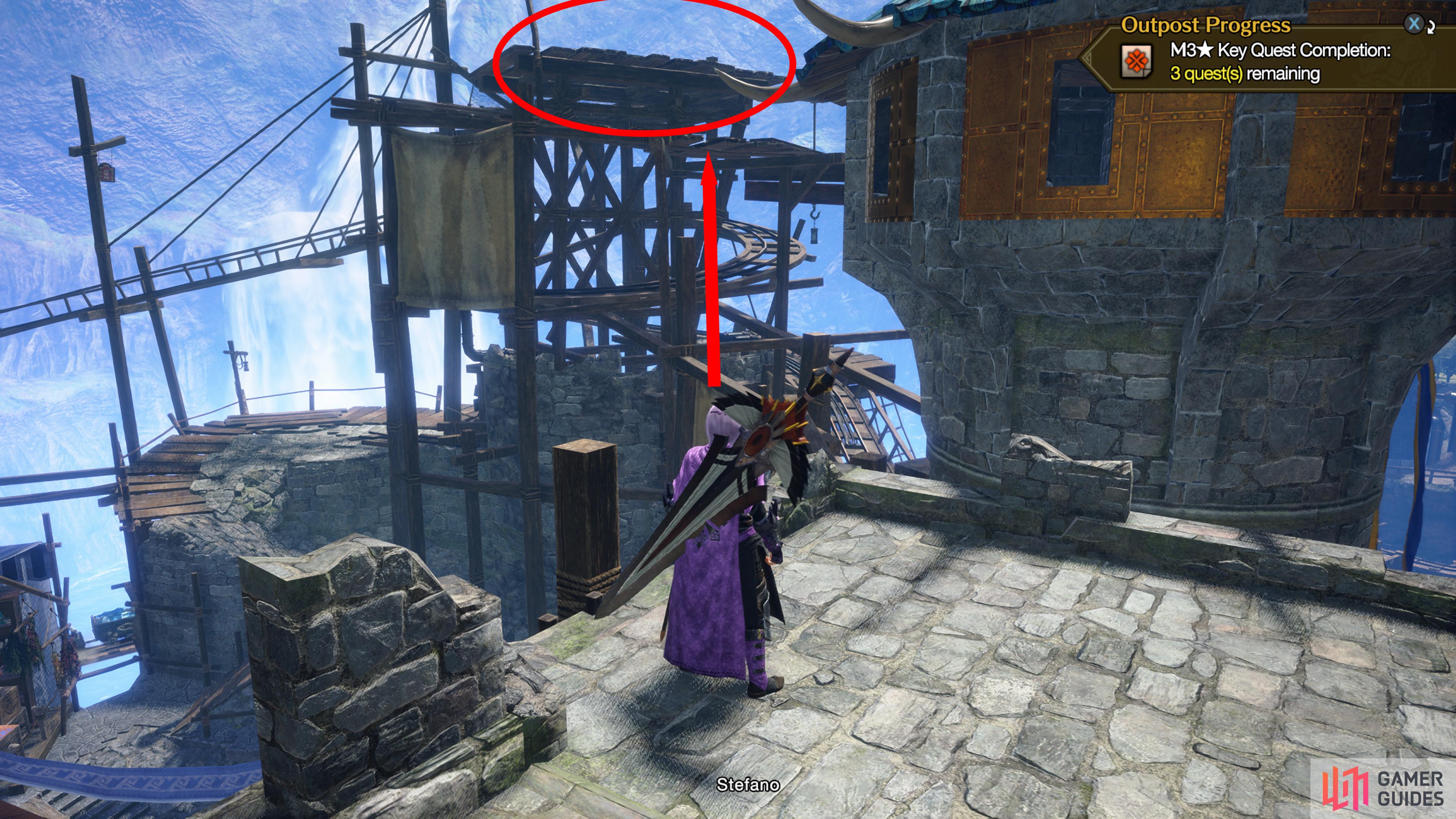 From the ramparts, turn around, and do two wirebug jumps to reach the wooden platform above the train tracks.
