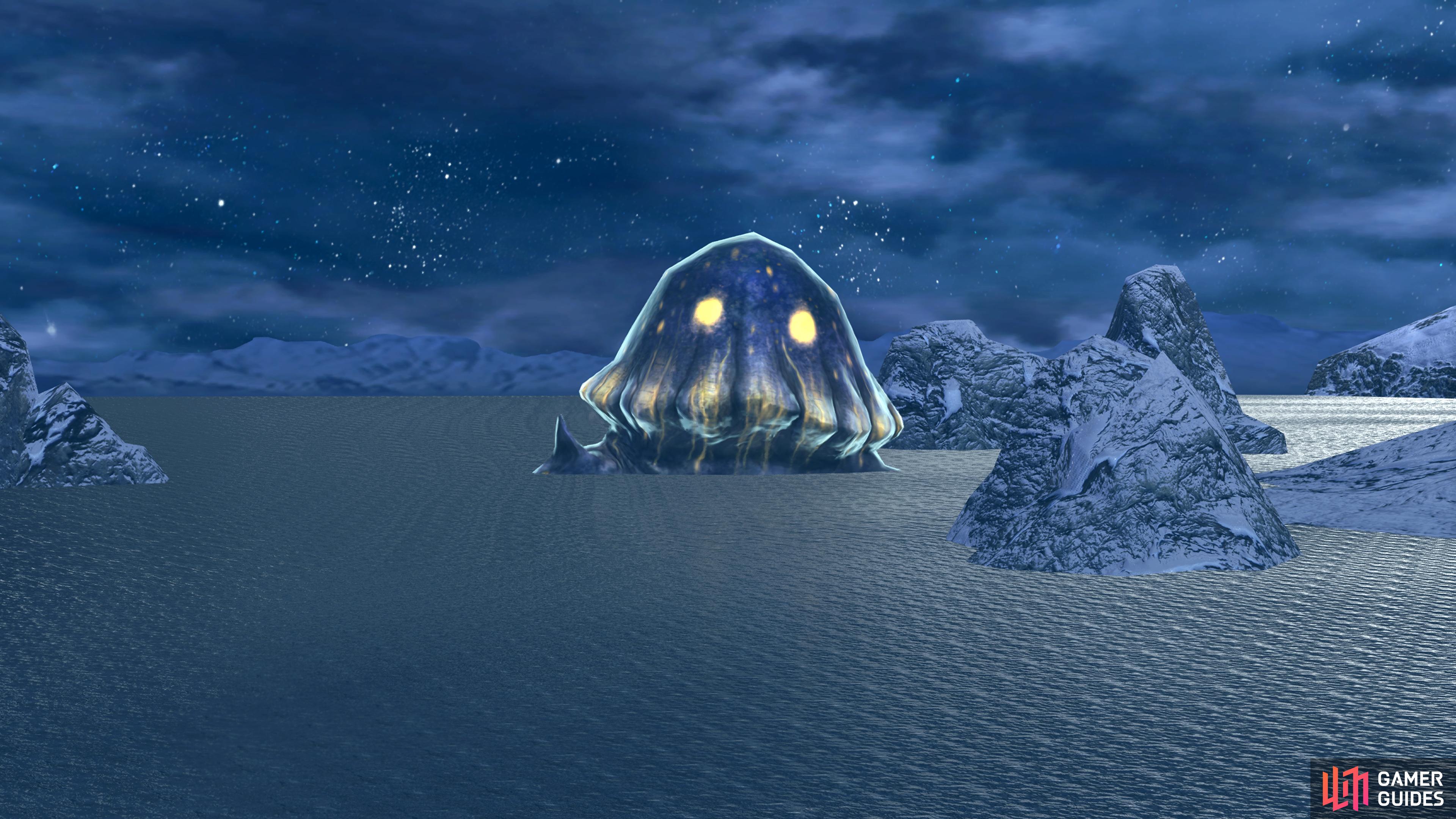 The Monksnail travels slowly from your right to your left between the icebergs in Frost Islands. It only appears at night, so make sure you choose that when going on the expedition.