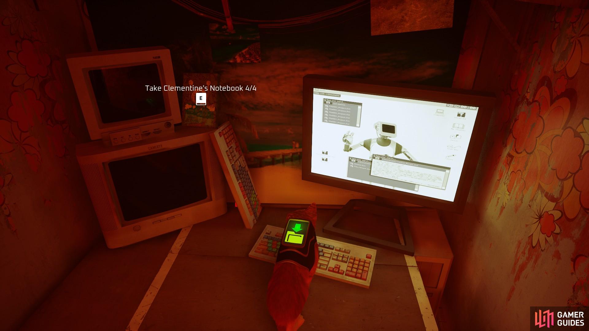 The Clementine notebook location is on the computer desk.