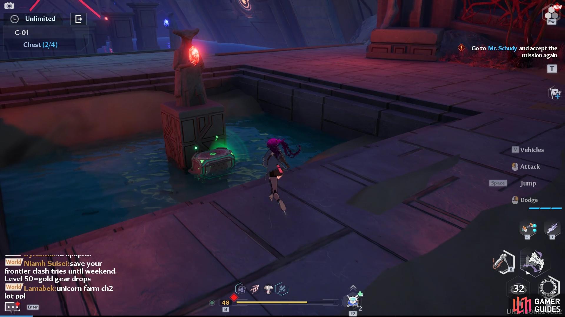 Shoot the statue above the pool of water to lower the water levels and get the second chest on normal