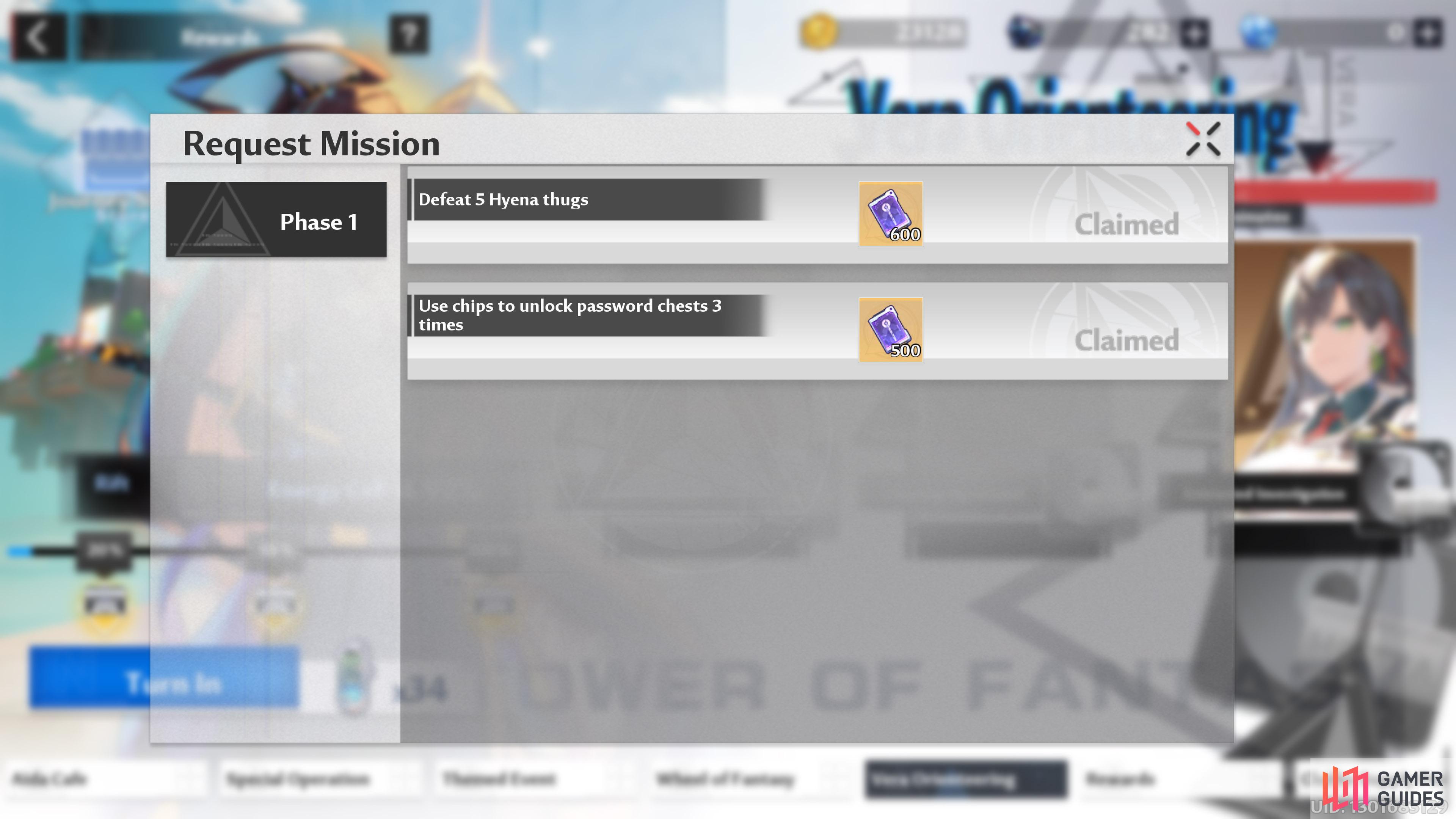 When you click on "Entrusted Investigation", that'll be phase one, and you'll be taken to the Request Mission screen where you can obtain your rewards.
