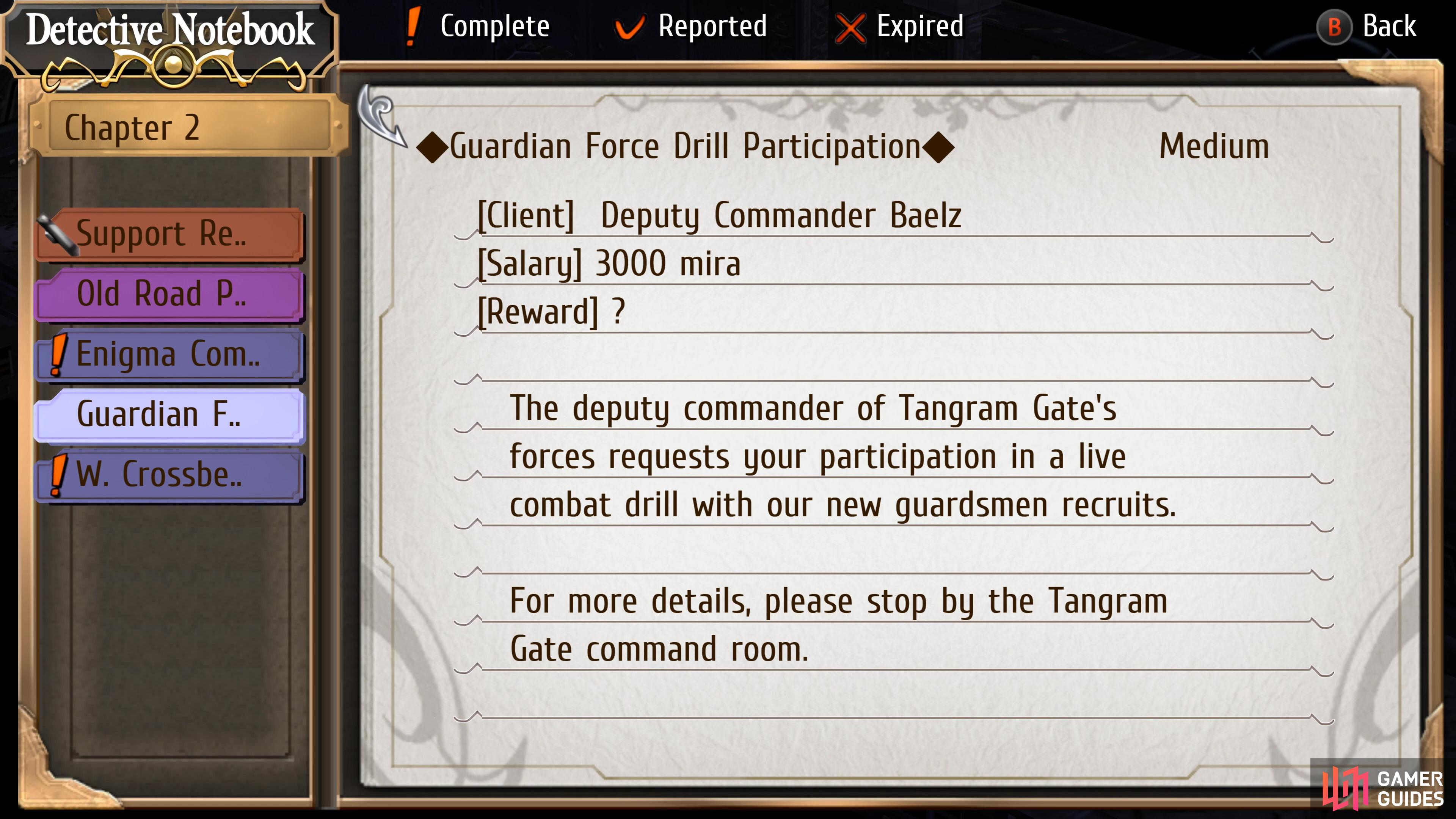 Guardian Force Drill Participation is a Request at Tangram Gate in Chapter 2 Day 1.
