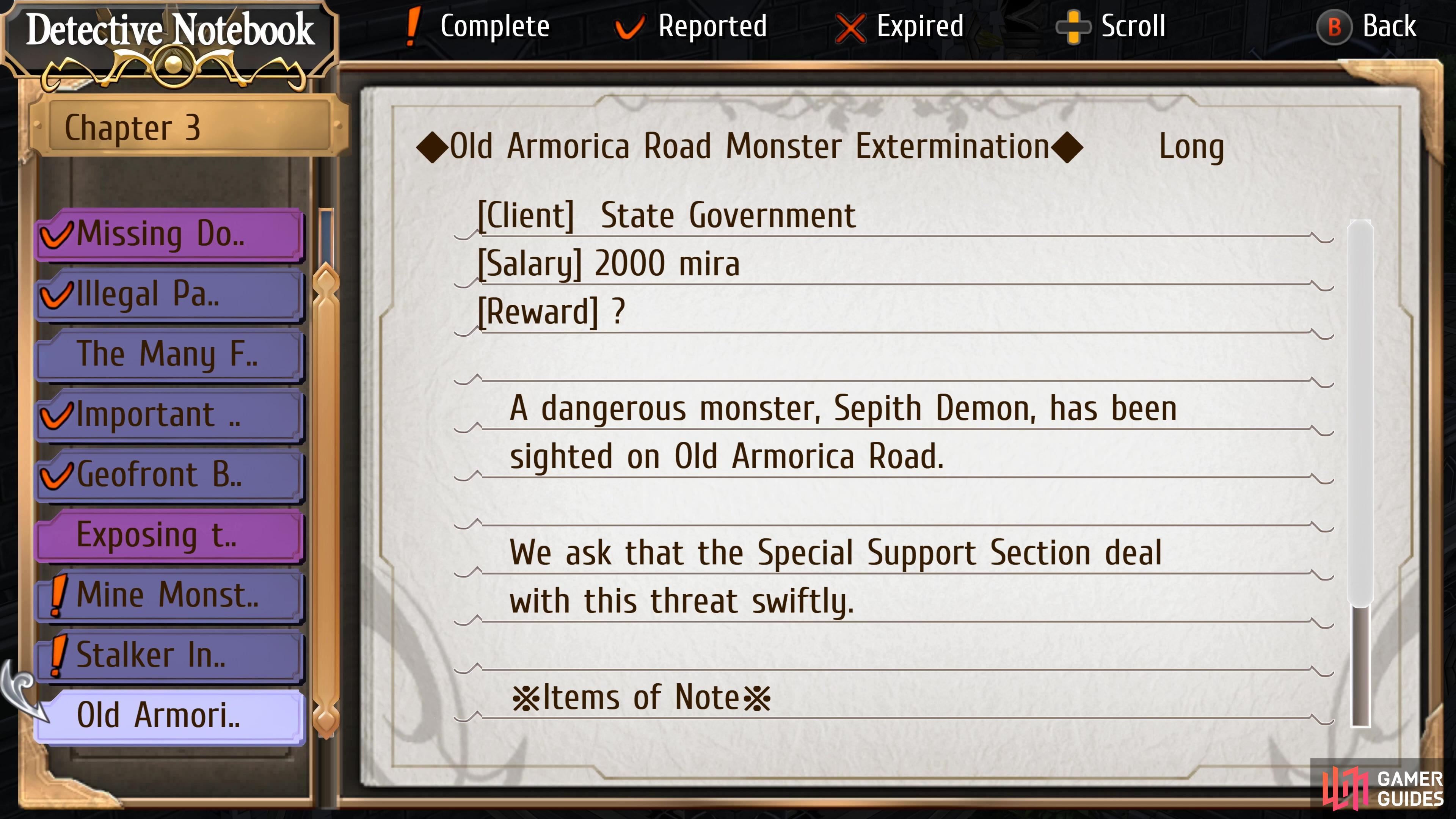 Old Armorica Road Monster Extermination is a Request on Chapter 3 Day 2.