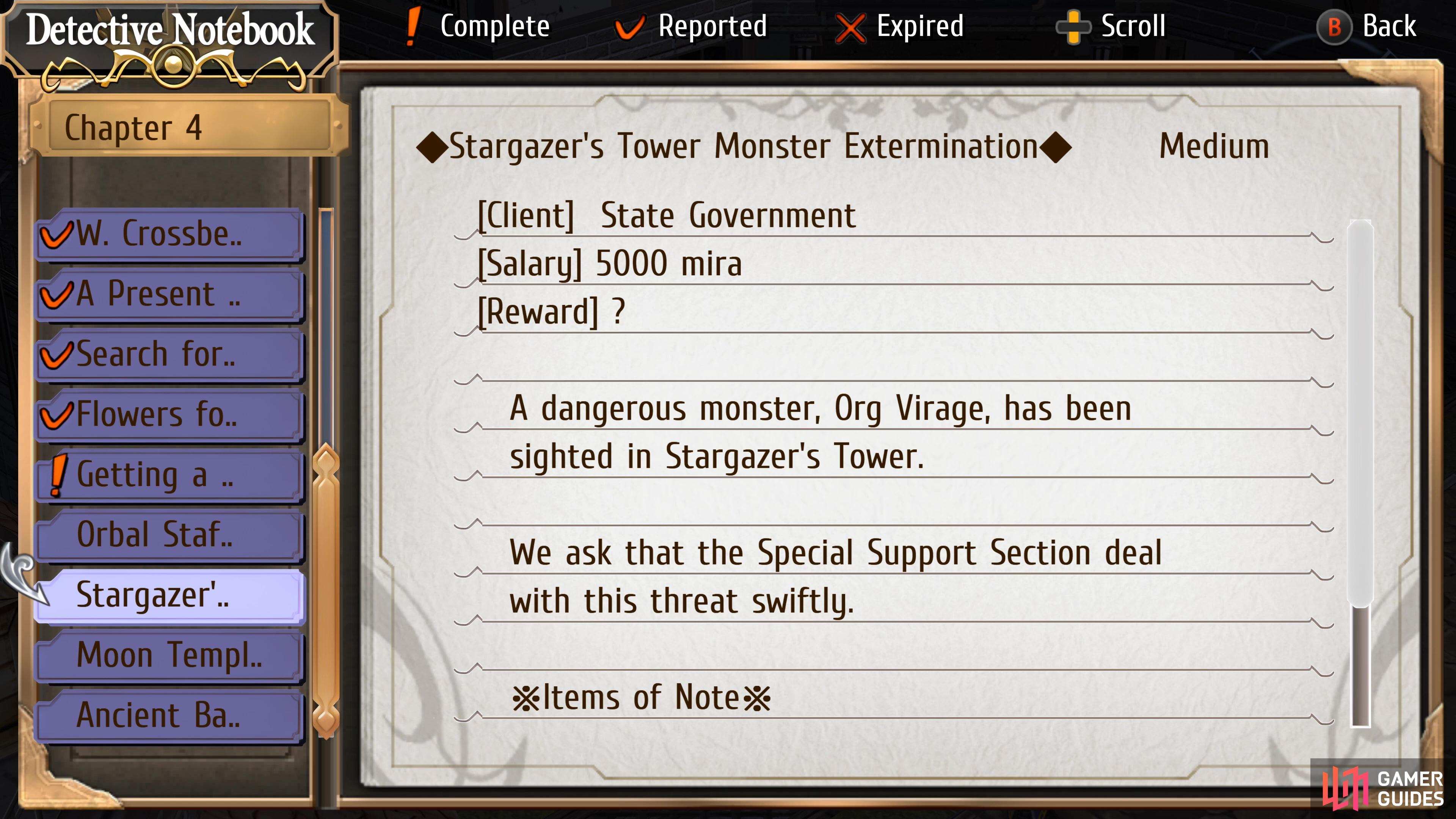 Stargazer’s Tower Monster Extermination is a request on Chapter 4 Day 3.