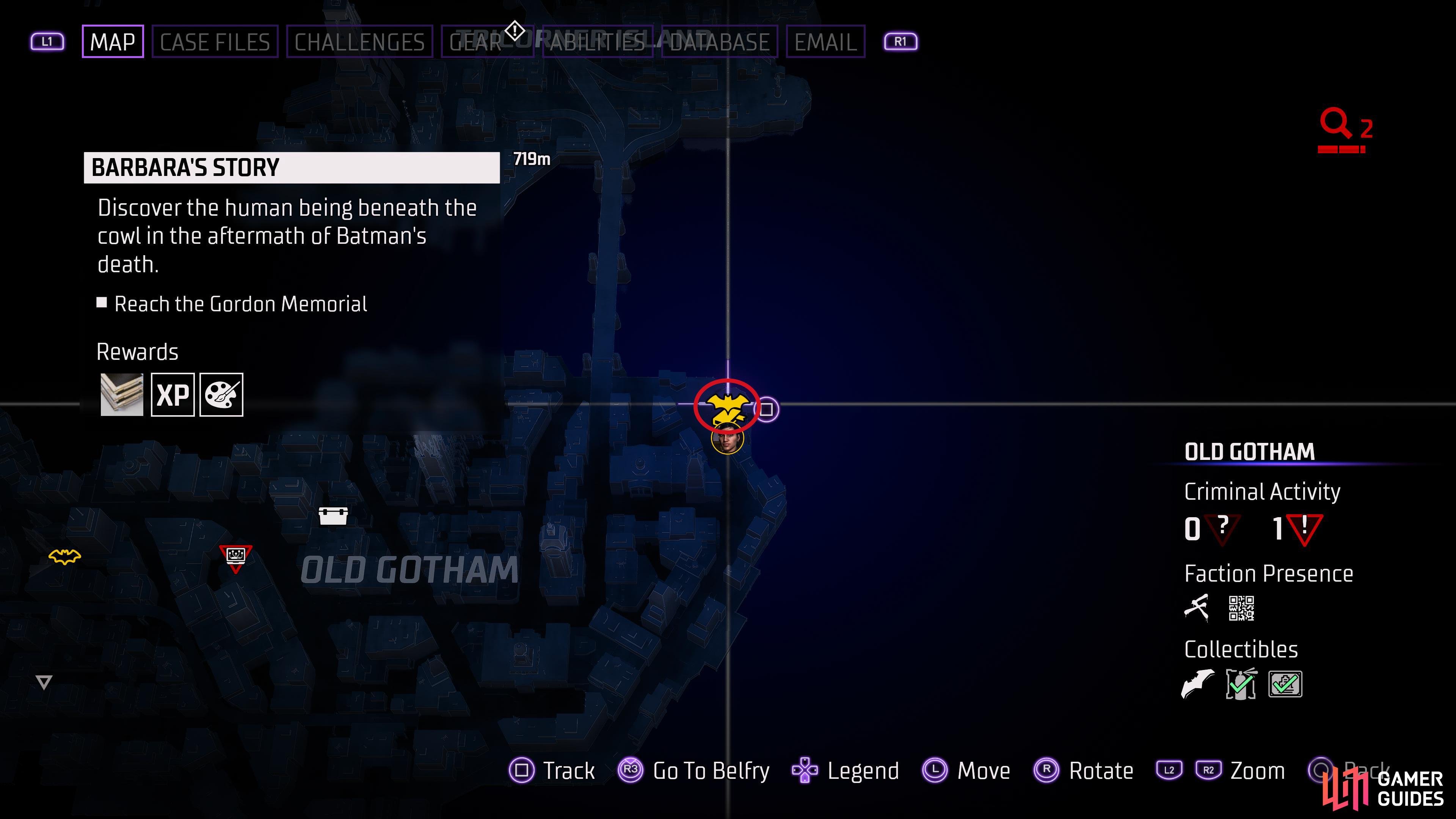 Side Stories are indicated by this icon on the map. The color of the icon will change depending on which hero you are. Blue for Nightwing, Yellow for Batgirl, Green for Robin, and Red for Red Hood.