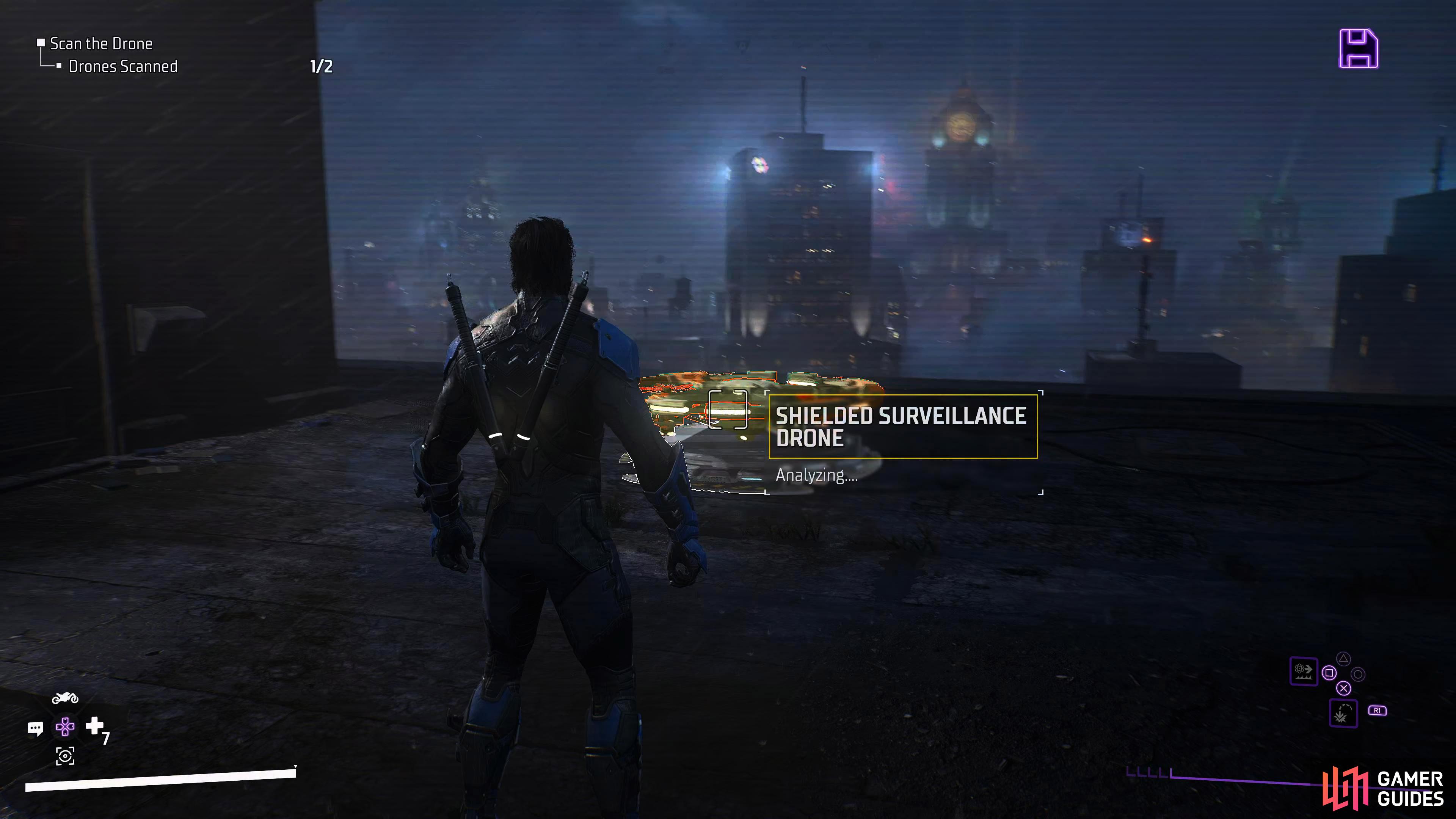 Wait at the recharge station on top of Gotham City Hall for the shielded drone.