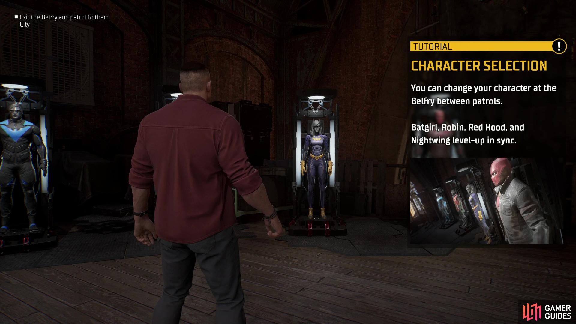 To change characters, just interact with the suit of the selected character.