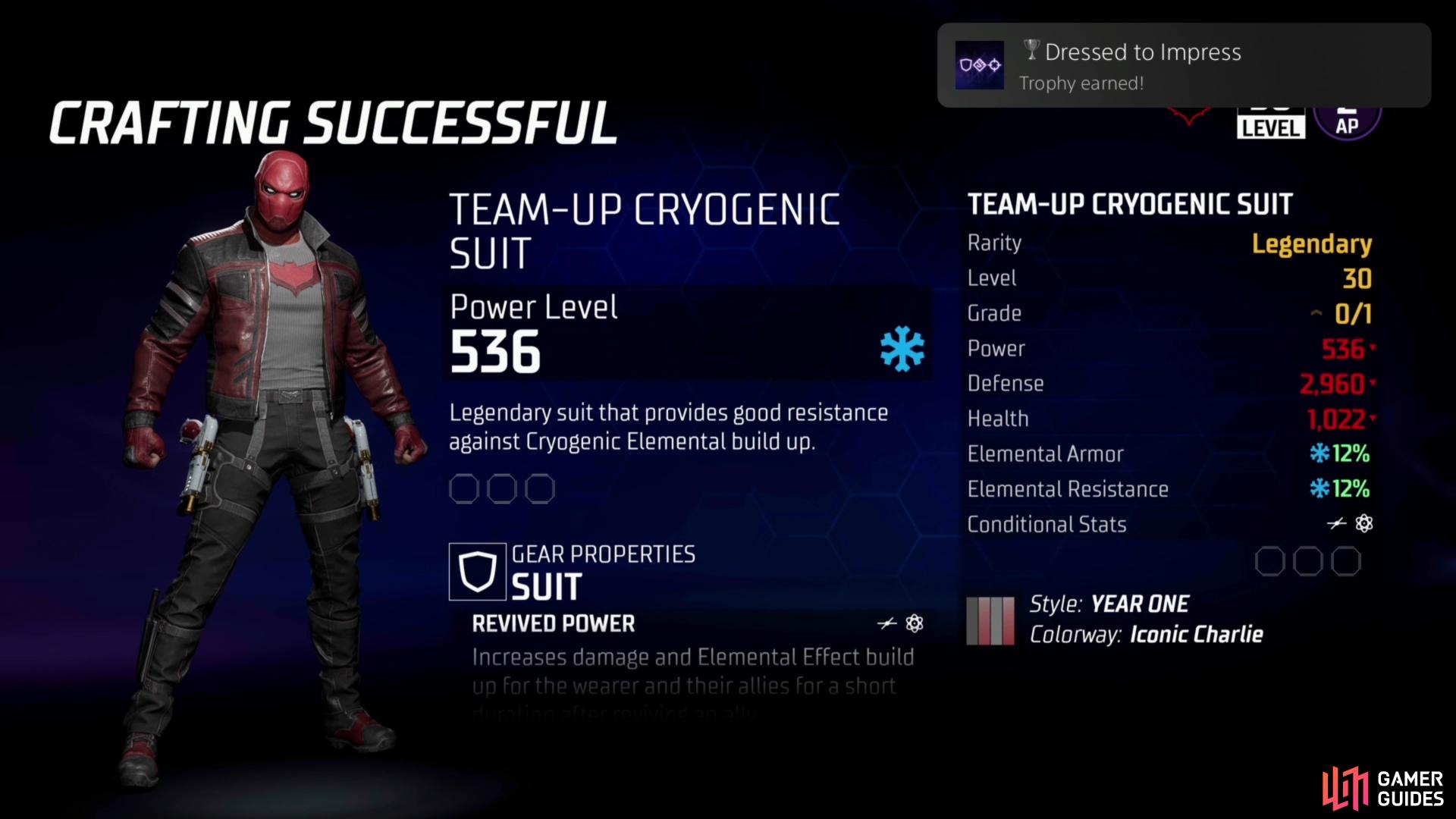Crafted a legendary suit, melee weapon and ranged weapon to earn the "Dressed to Impress" achievement.