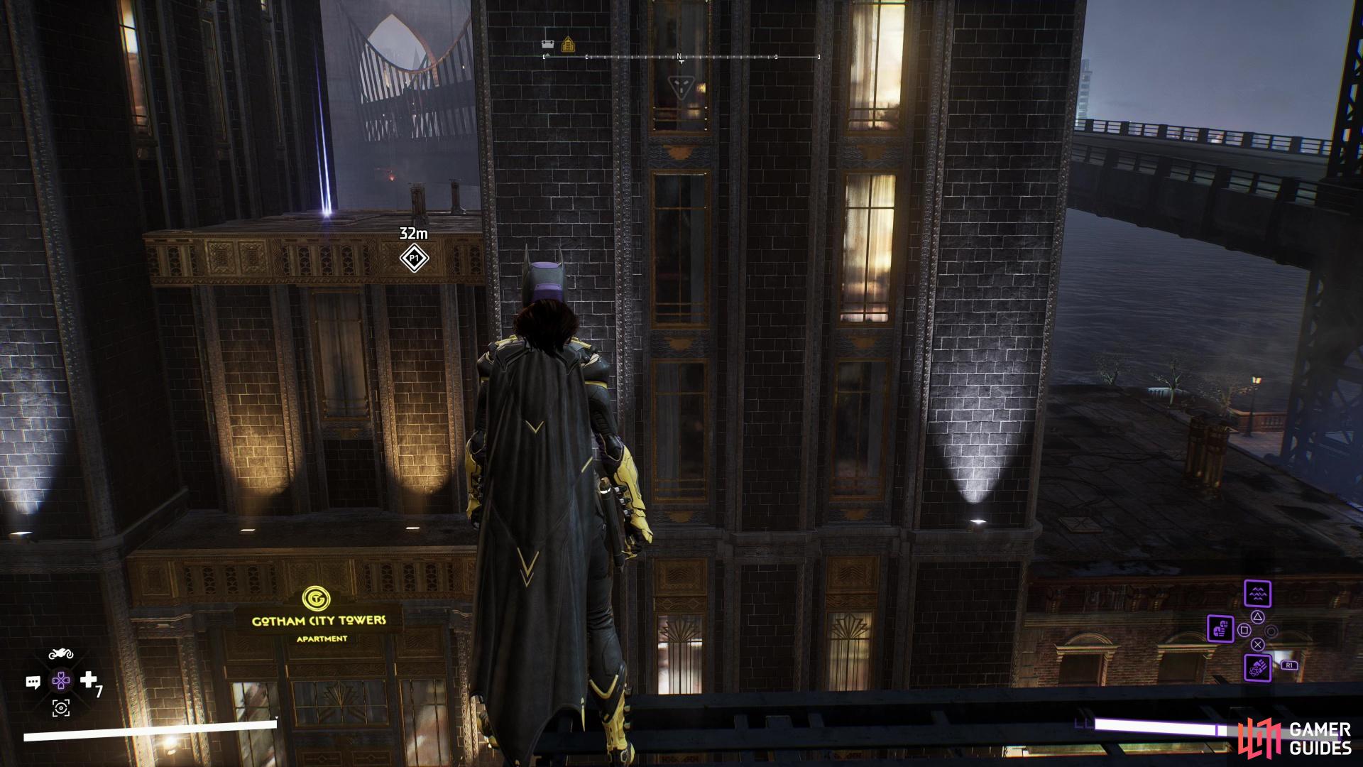 Find a Batarang on the lower roof of the Gotham City Tower Apartments.