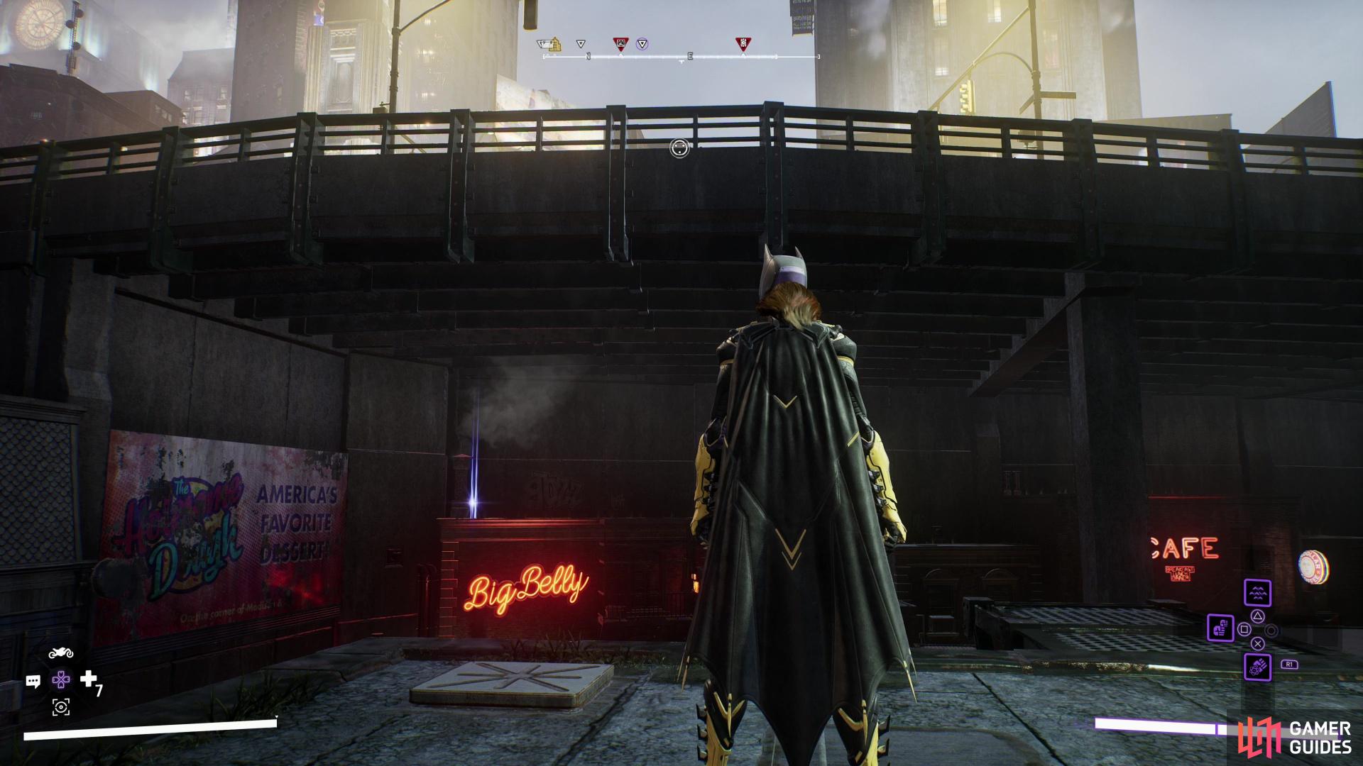 A Batarang can be found on the roof of the Big Belly Diner, under the Gate Street Bridge.