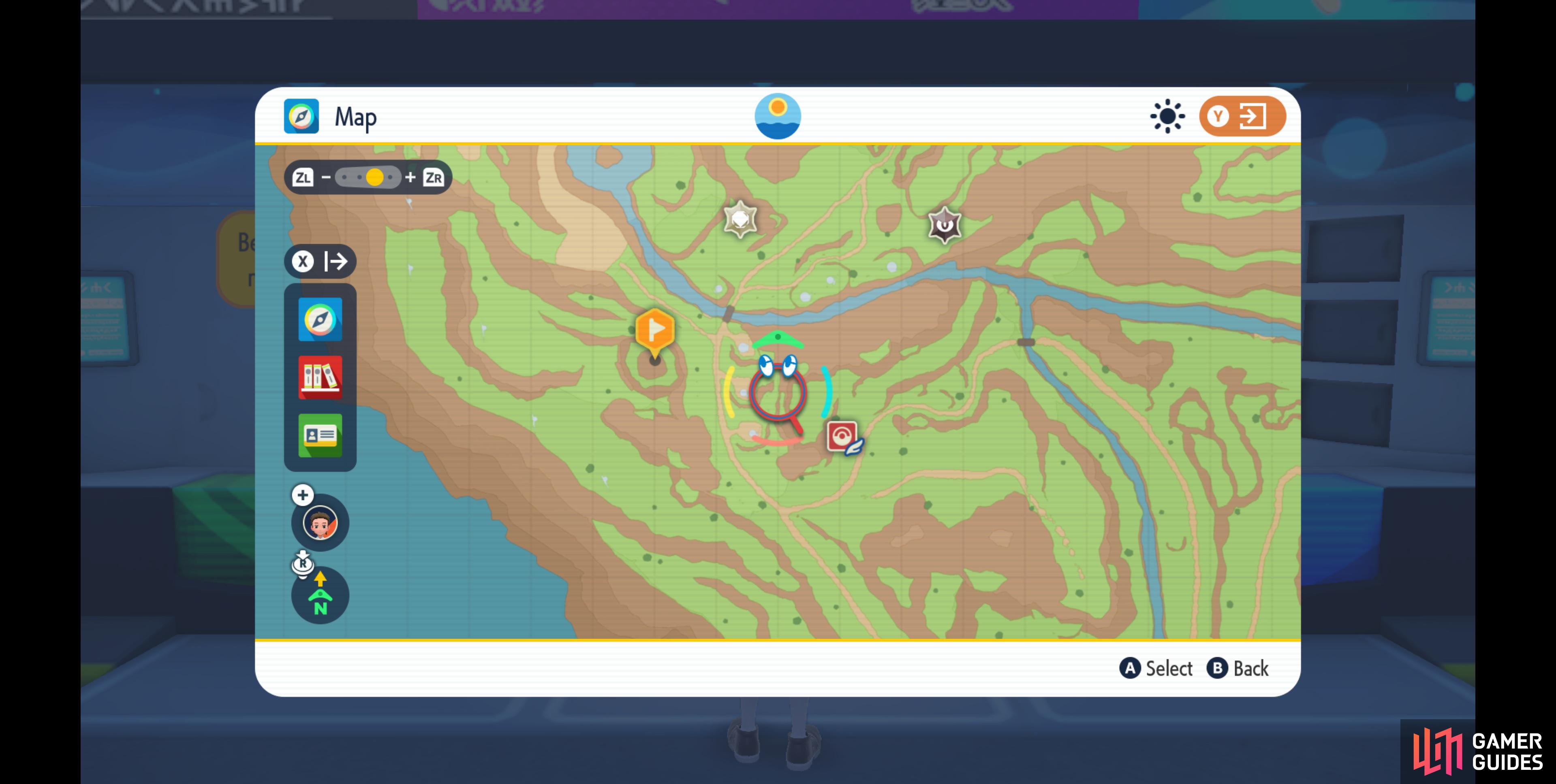 The next flag icon points to a crater northwest of the pokemon center