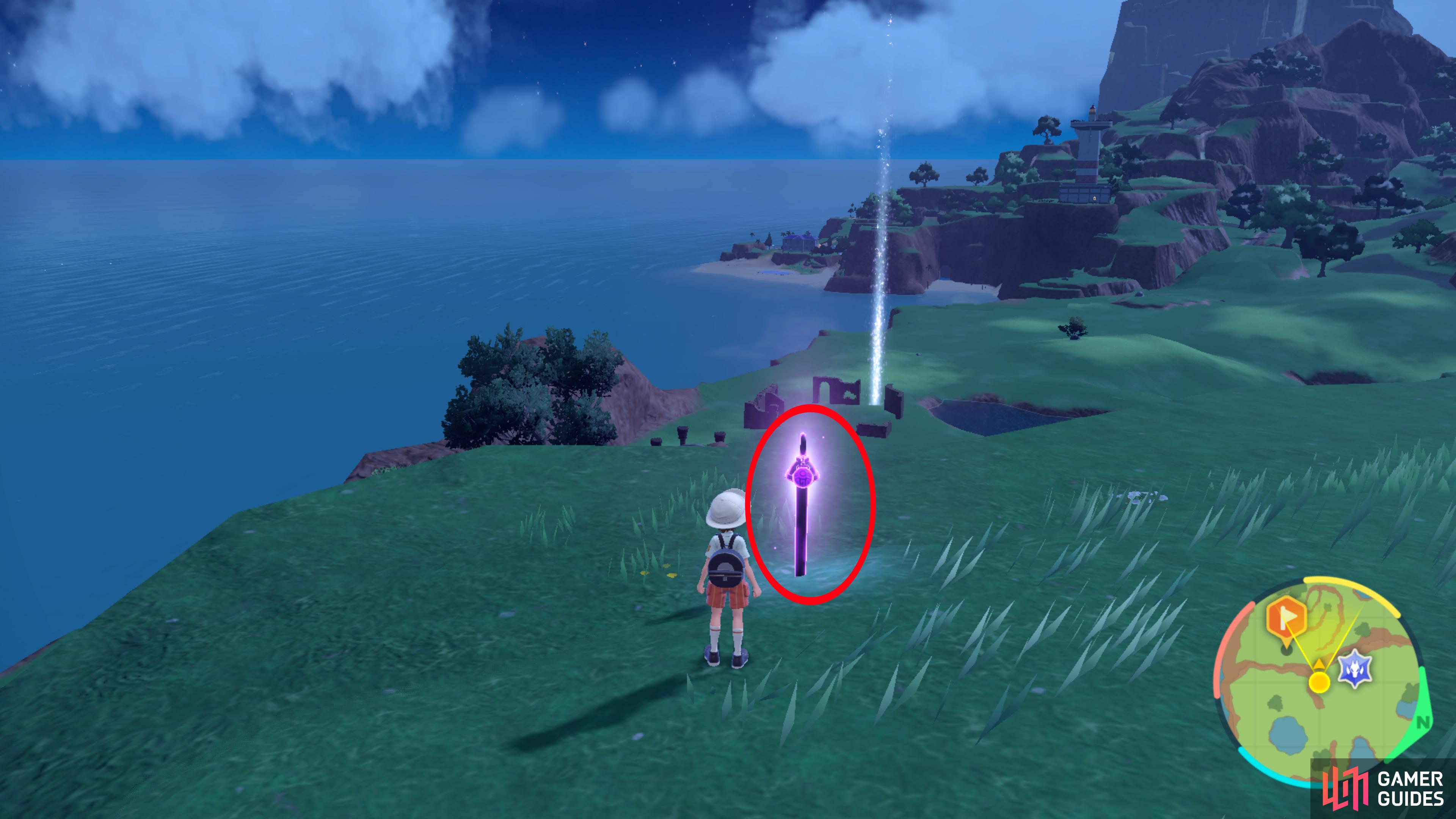 the purple stake sits on the edge, overlooking some ruins.
