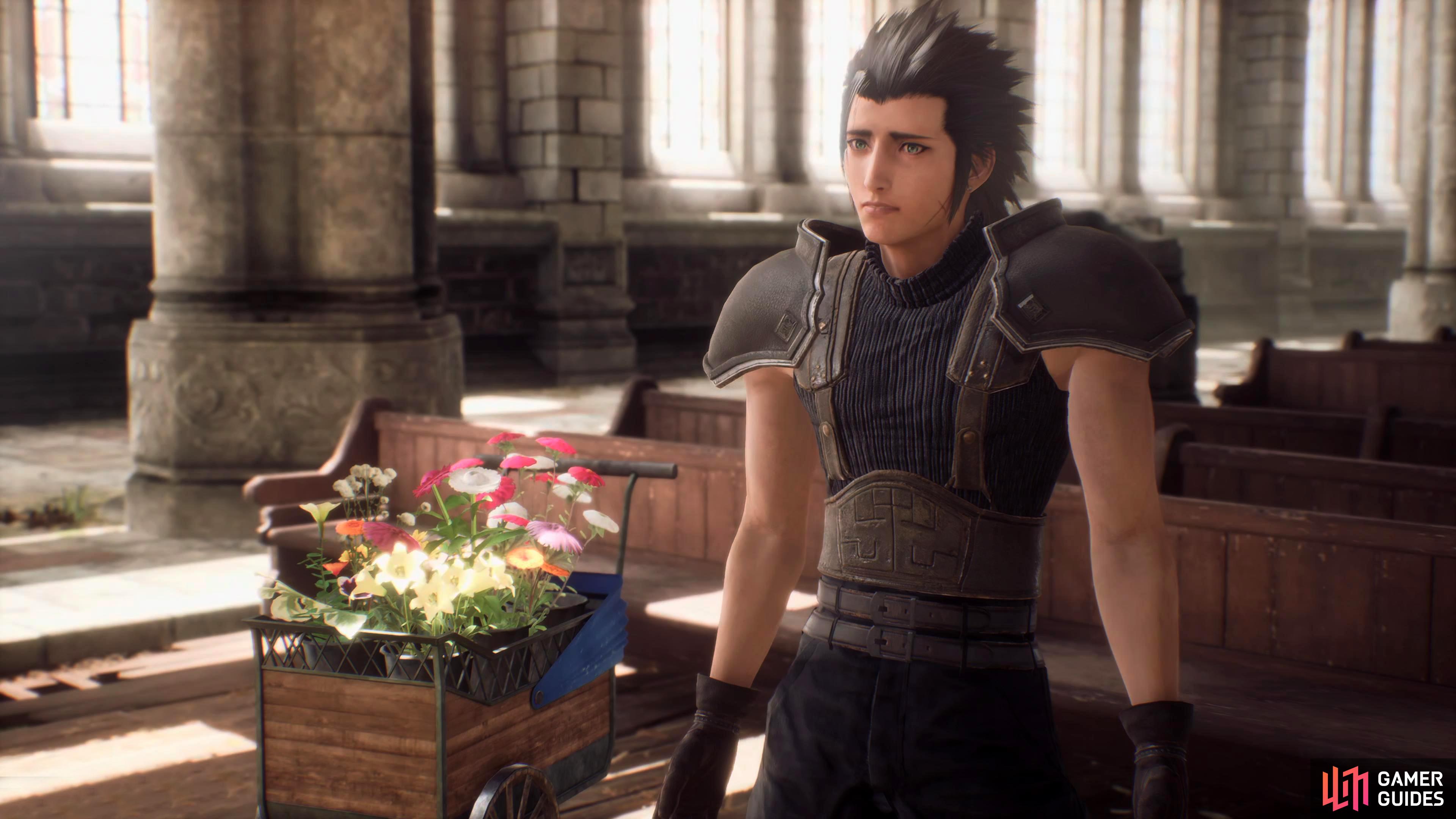 Zack has a disappointed look on his face when Aerith tells him she would like a better wagon.
