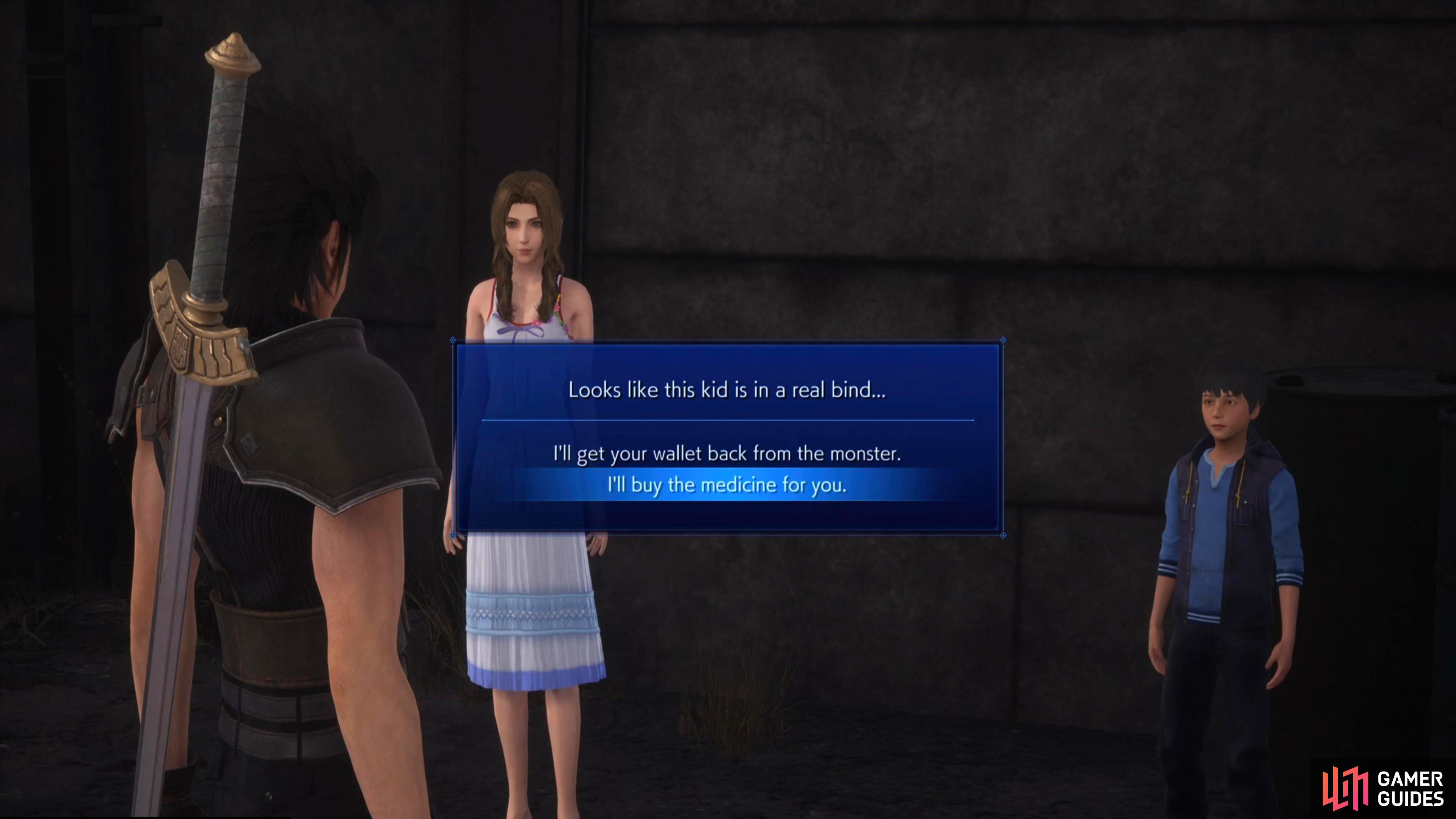 When Bruno tells you why he stole your wallet, choose option two to get +10 affection for Aerith.