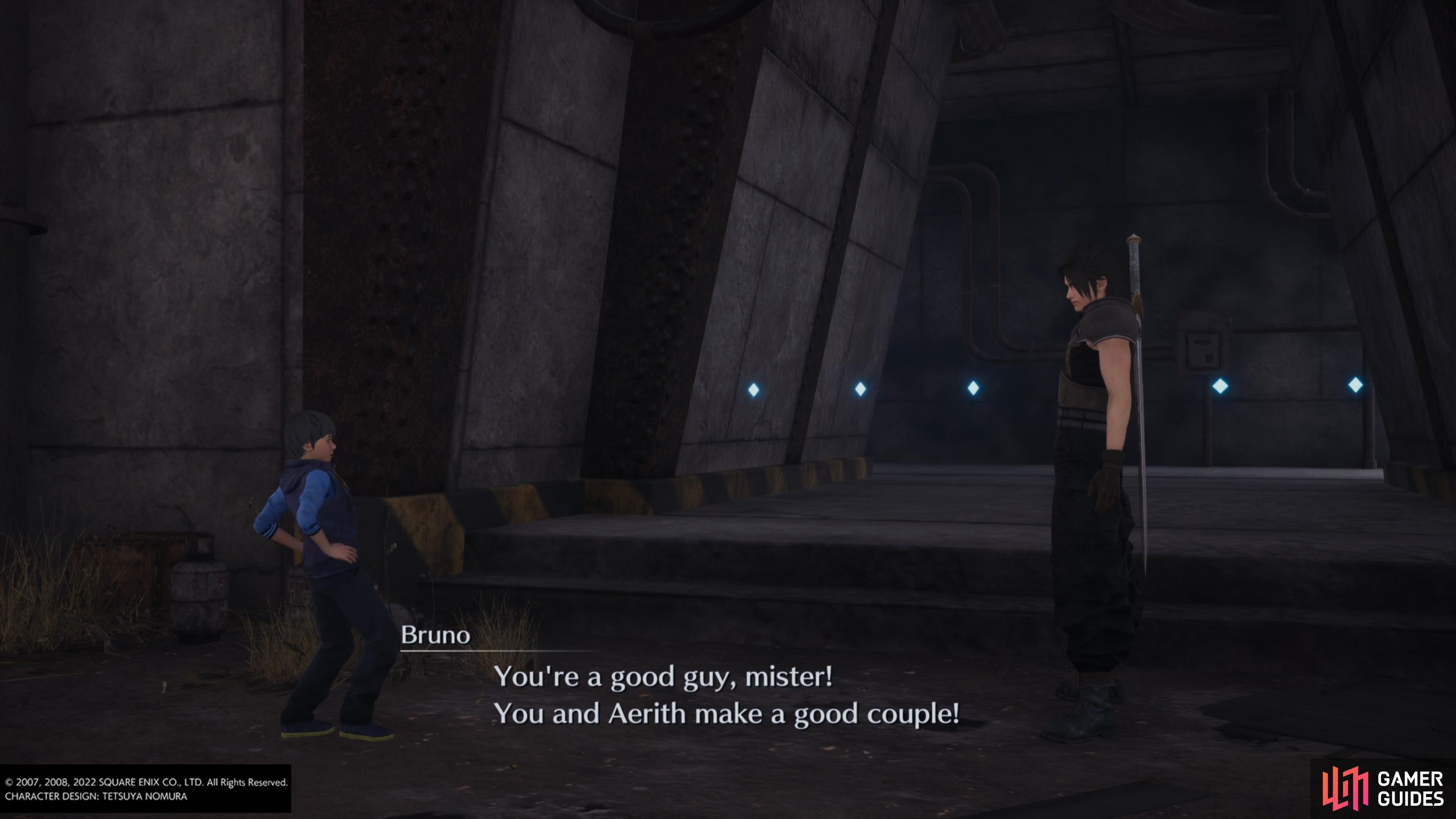 You will get the Trophy if Bruno says you and Aerith make a good couple.