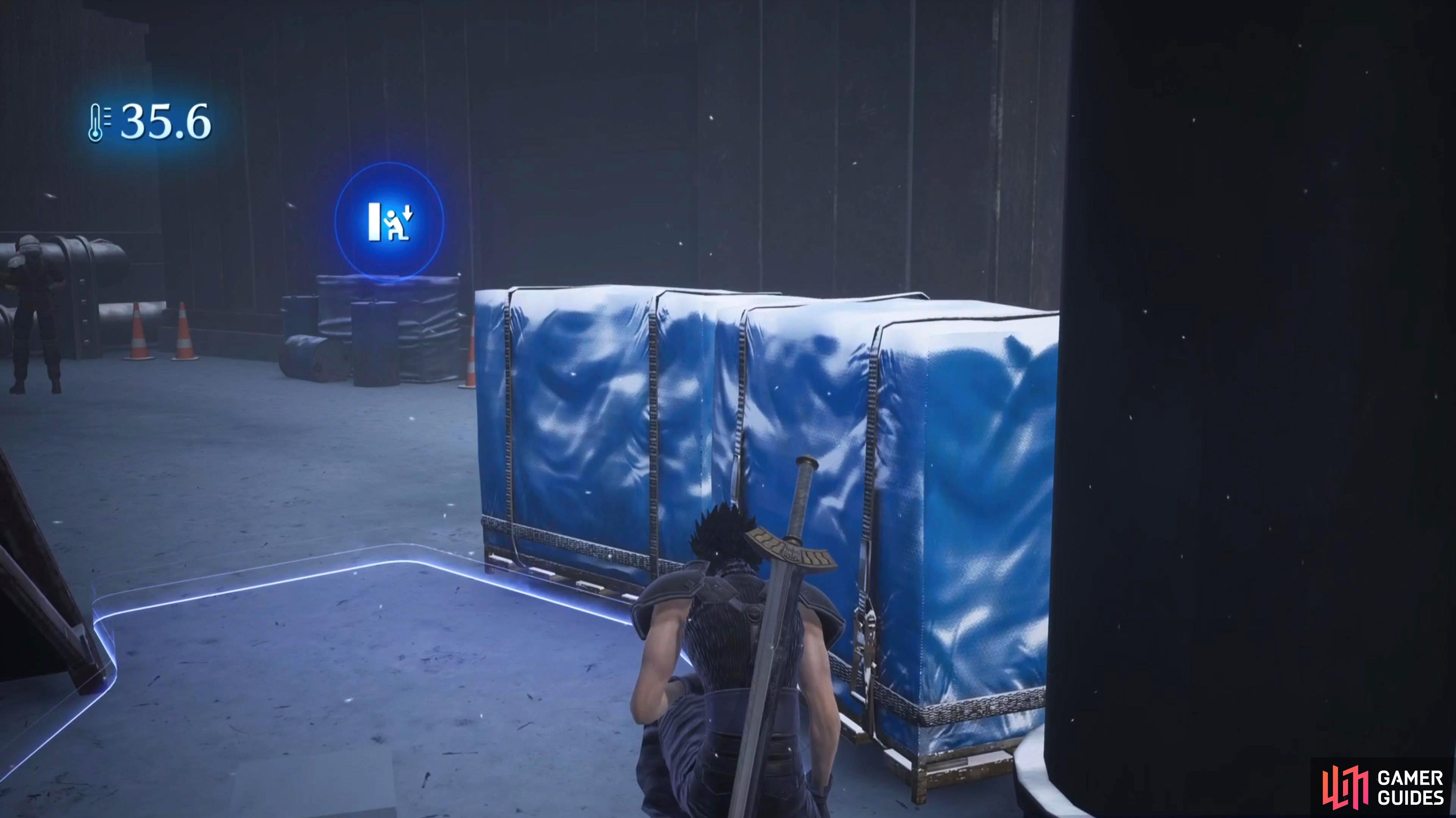 From the chest, go back on yourself, and hide behind the blue boxes.