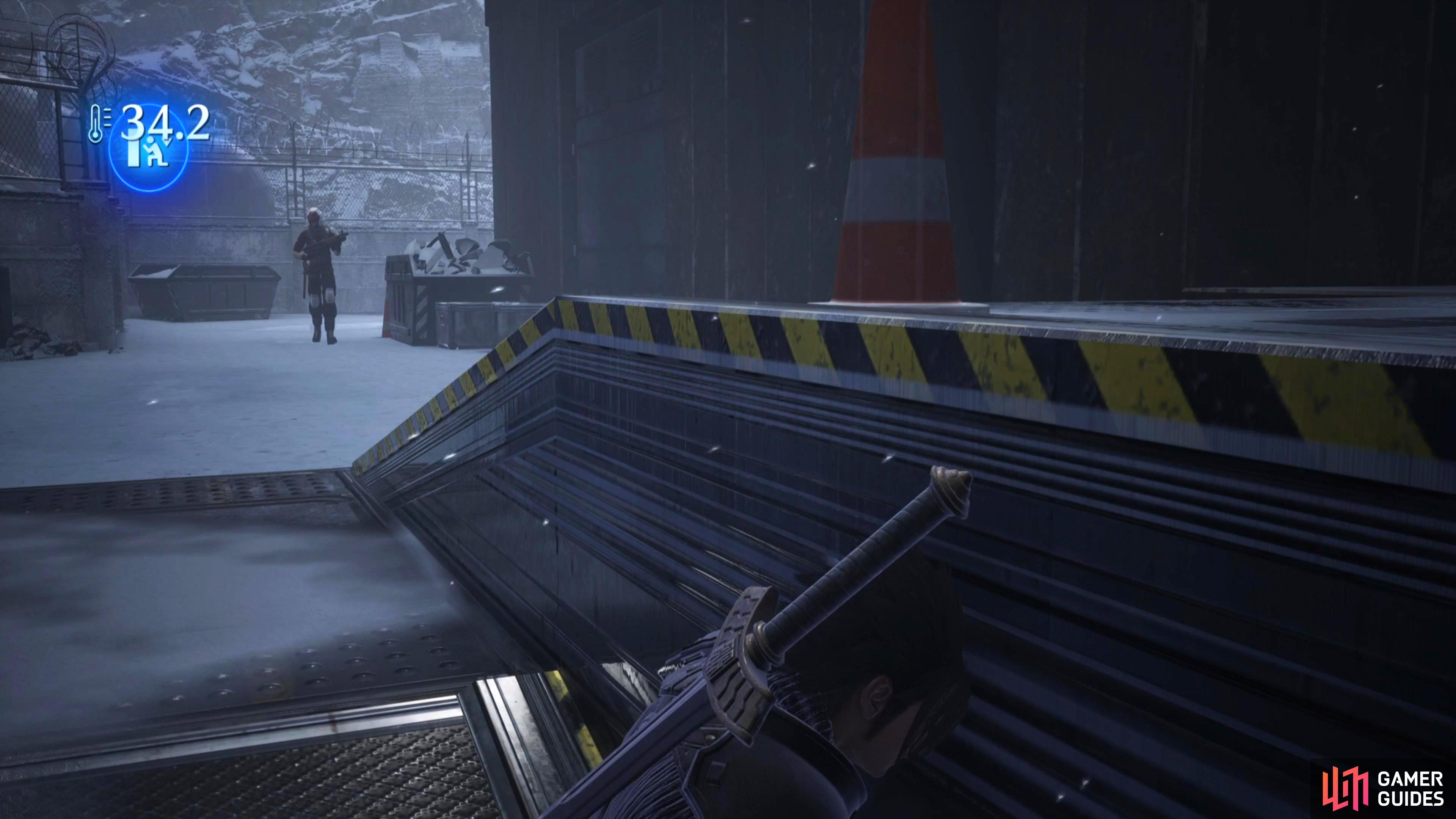 Wait behind the wall until the guard has walked away from you.