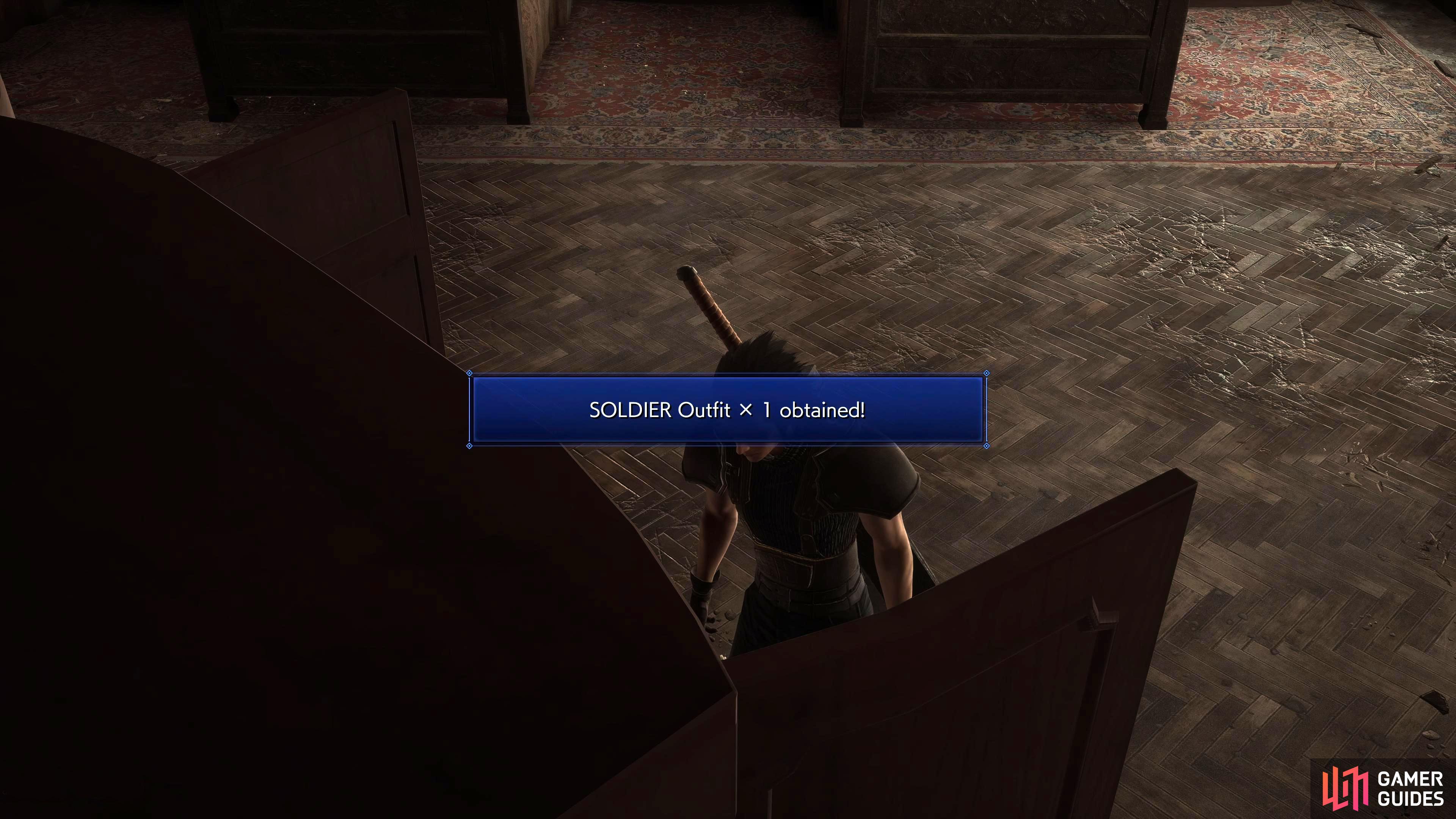 Use the Dresser Key on the Dressers in Shinra Manor, 2F to get the SOLDIER Outfit and, 5,000 Gil.