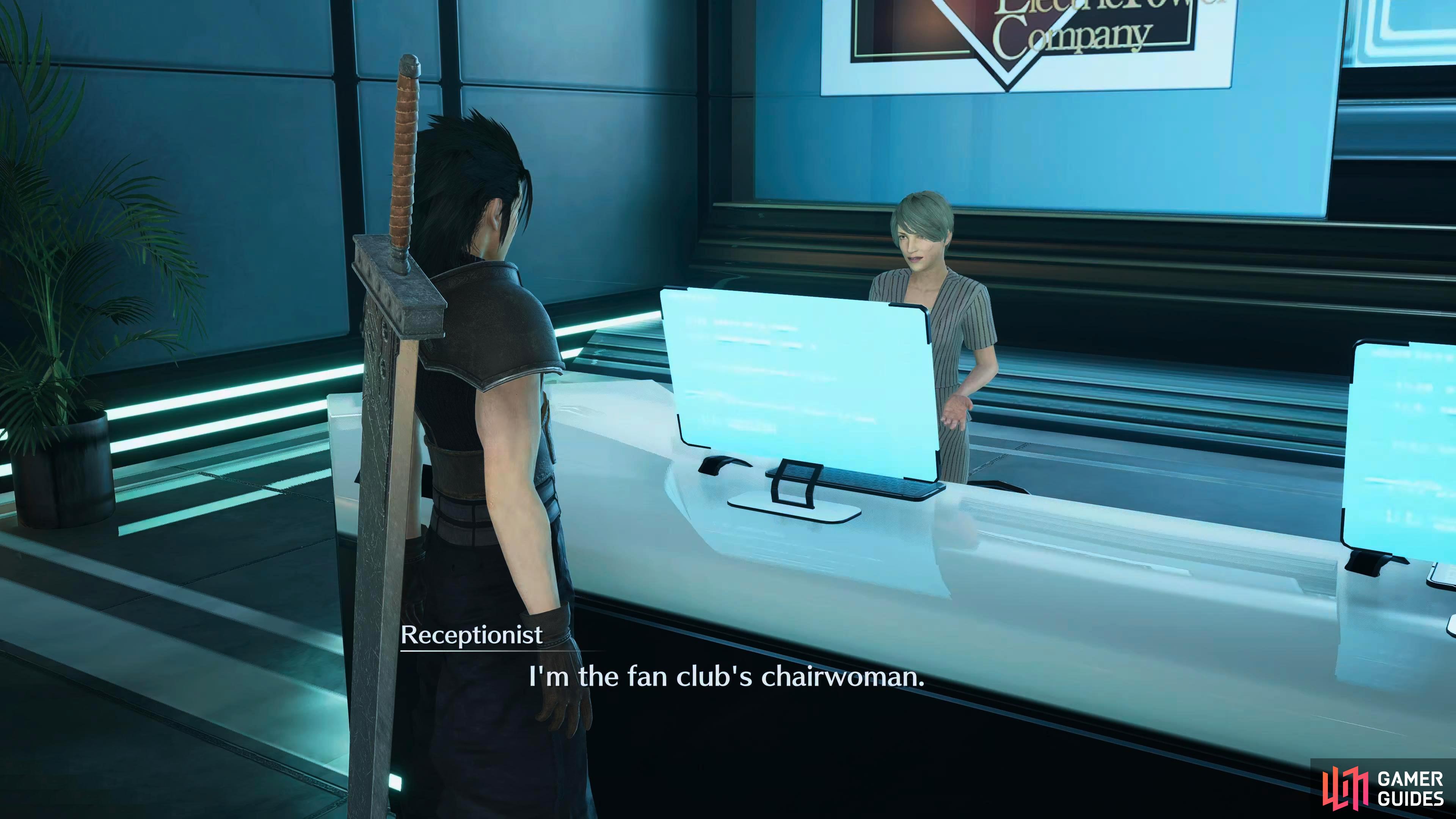 Apparently the receptionist in the Shinra Building is the chairwoman of your fan club!