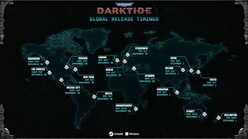 Global release times for Darktide showing the time in your area.