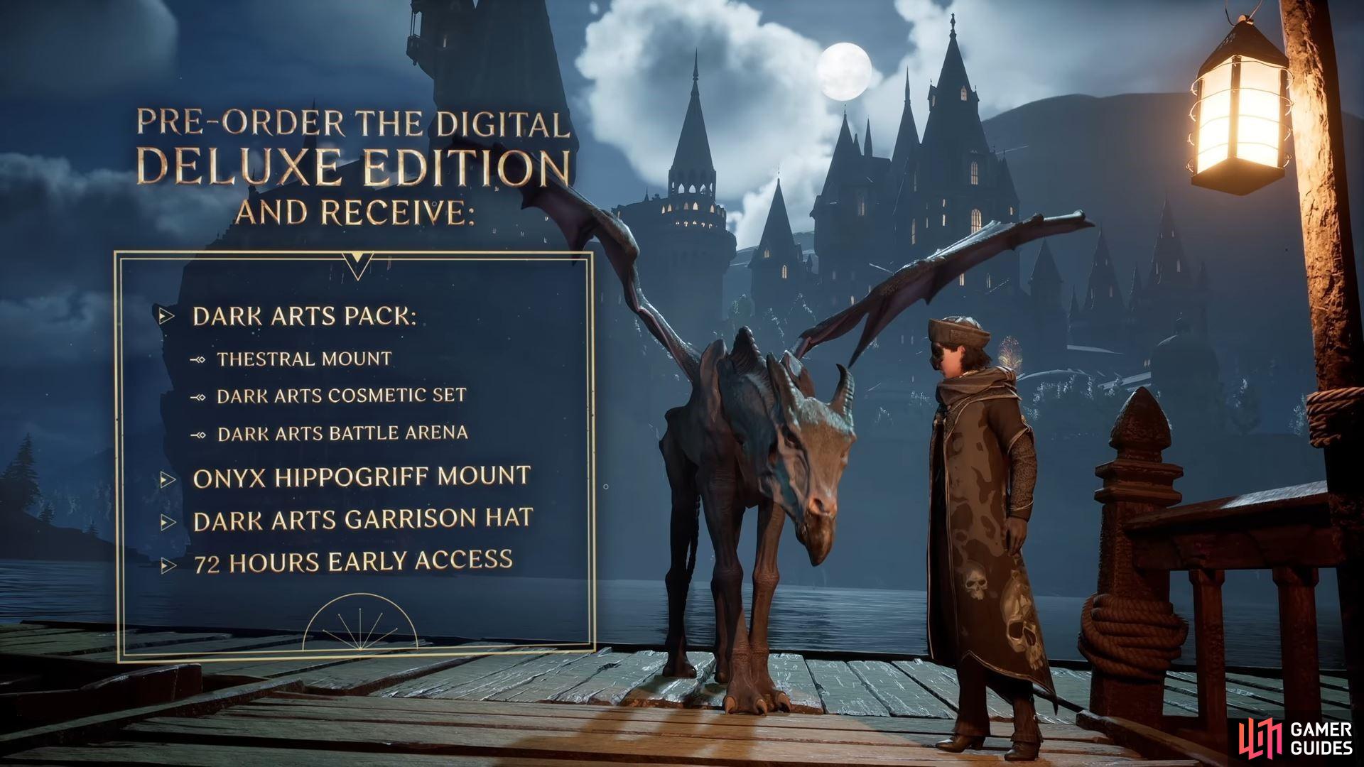 If you pre-order the Deluxe Edition, you'll get the Dark Arts pack and an extra Onyx Hippogriff Mount (which is also available to players who pre-order the standard edition). (Credit: Hogwarts Legacy Showcase).