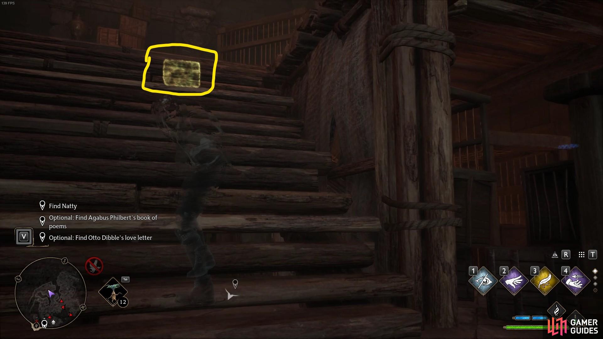 Go to the eastern area of the Hideout, and climb the wooden area for the love letter.
