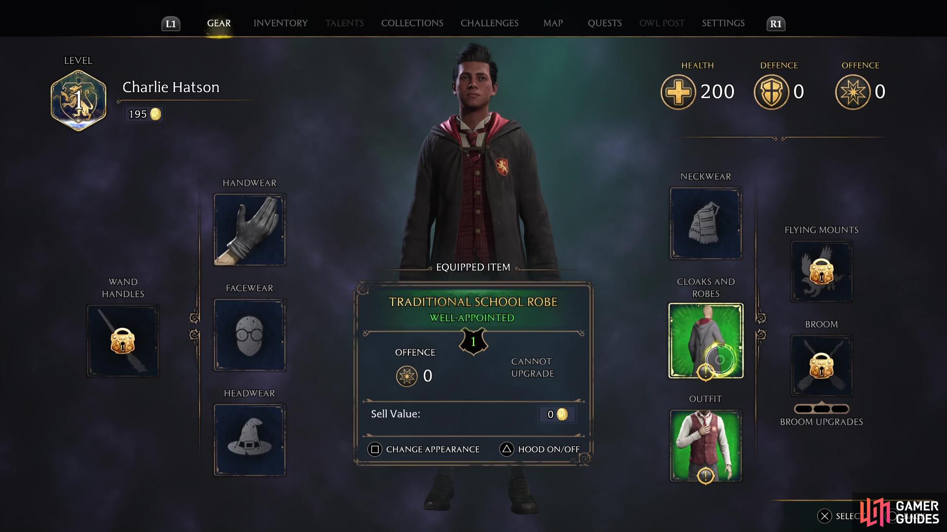 The Gear screen in Hogwarts Legacy showing your current level