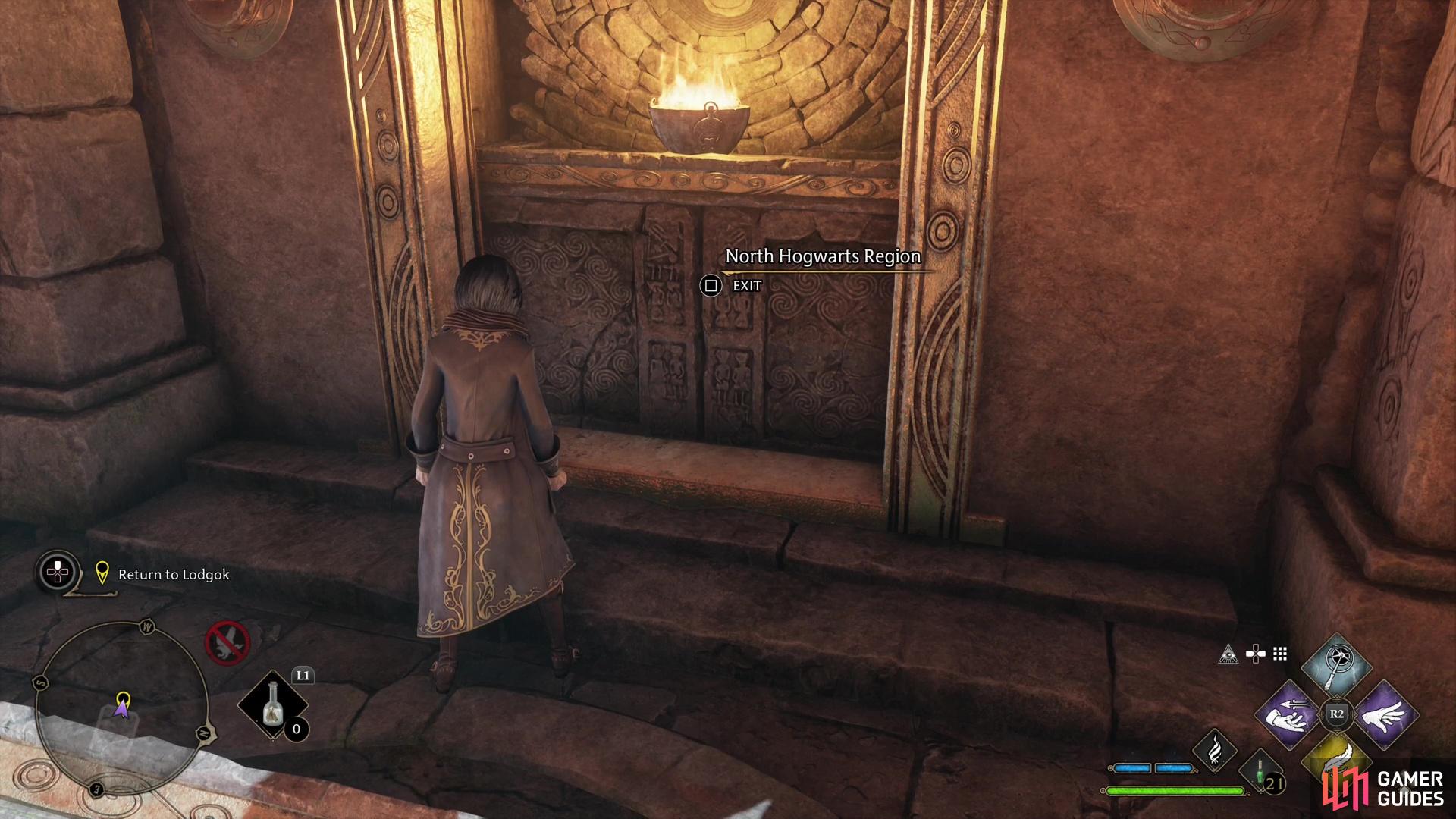 To leave, search the wall behind the sarcophagus.