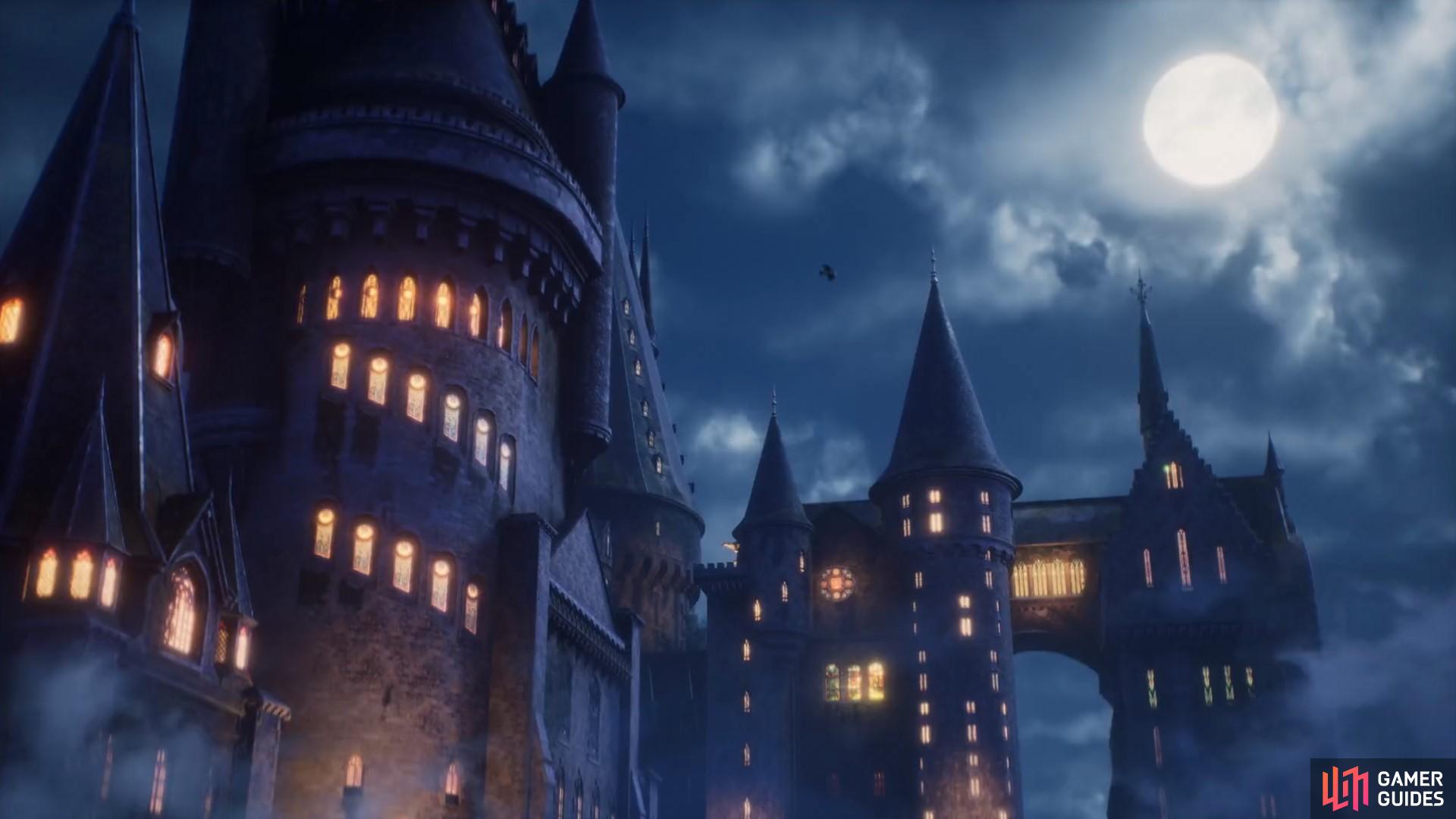 Hogwarts Castle at night in Hogwarts Legacy