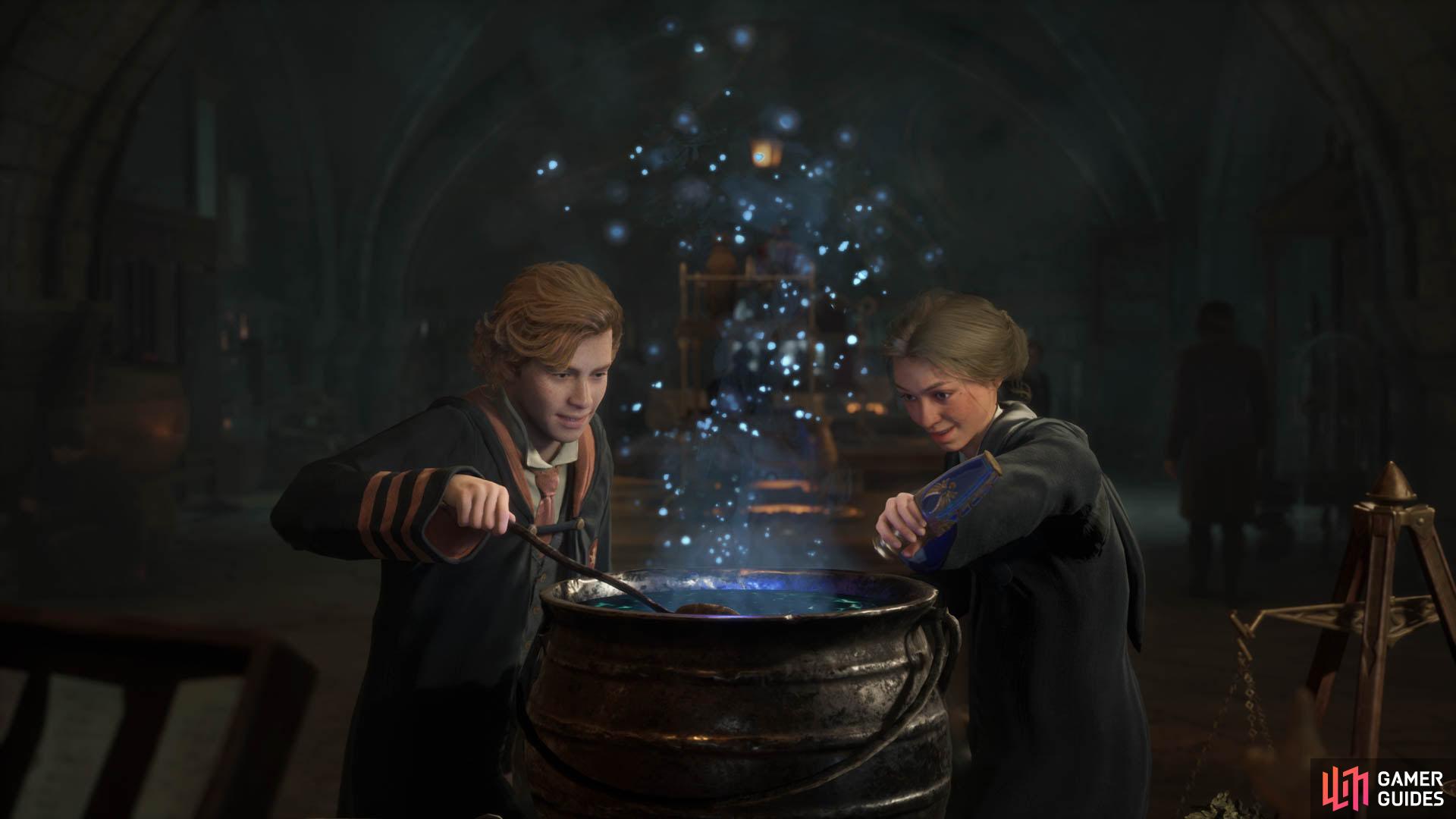 Two Hogwarts Legacy students brewing potions