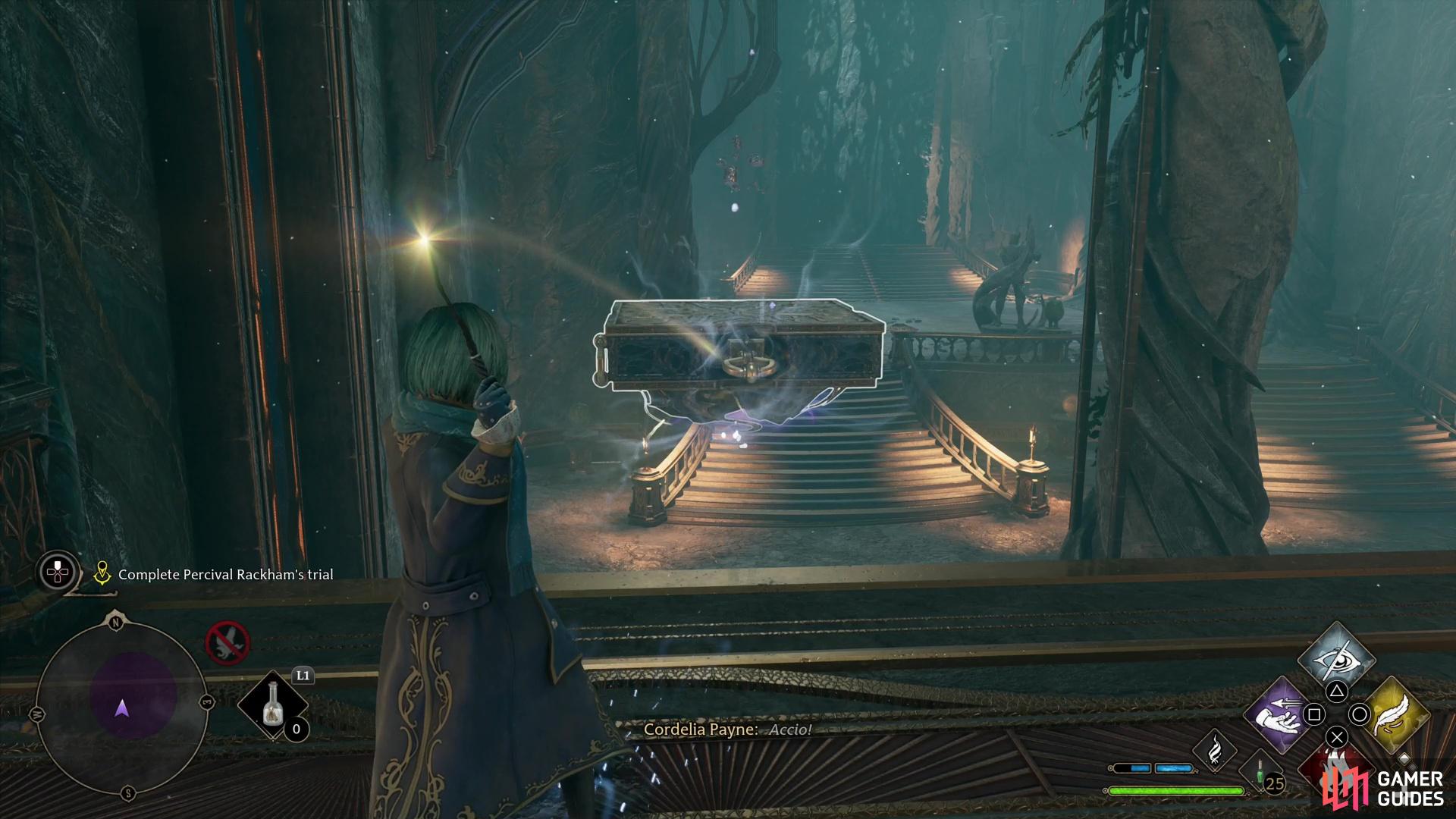 Use !Accio to pull a floating platform towards the footbridge, where it’ll allow you to access an arcane magic nexus.