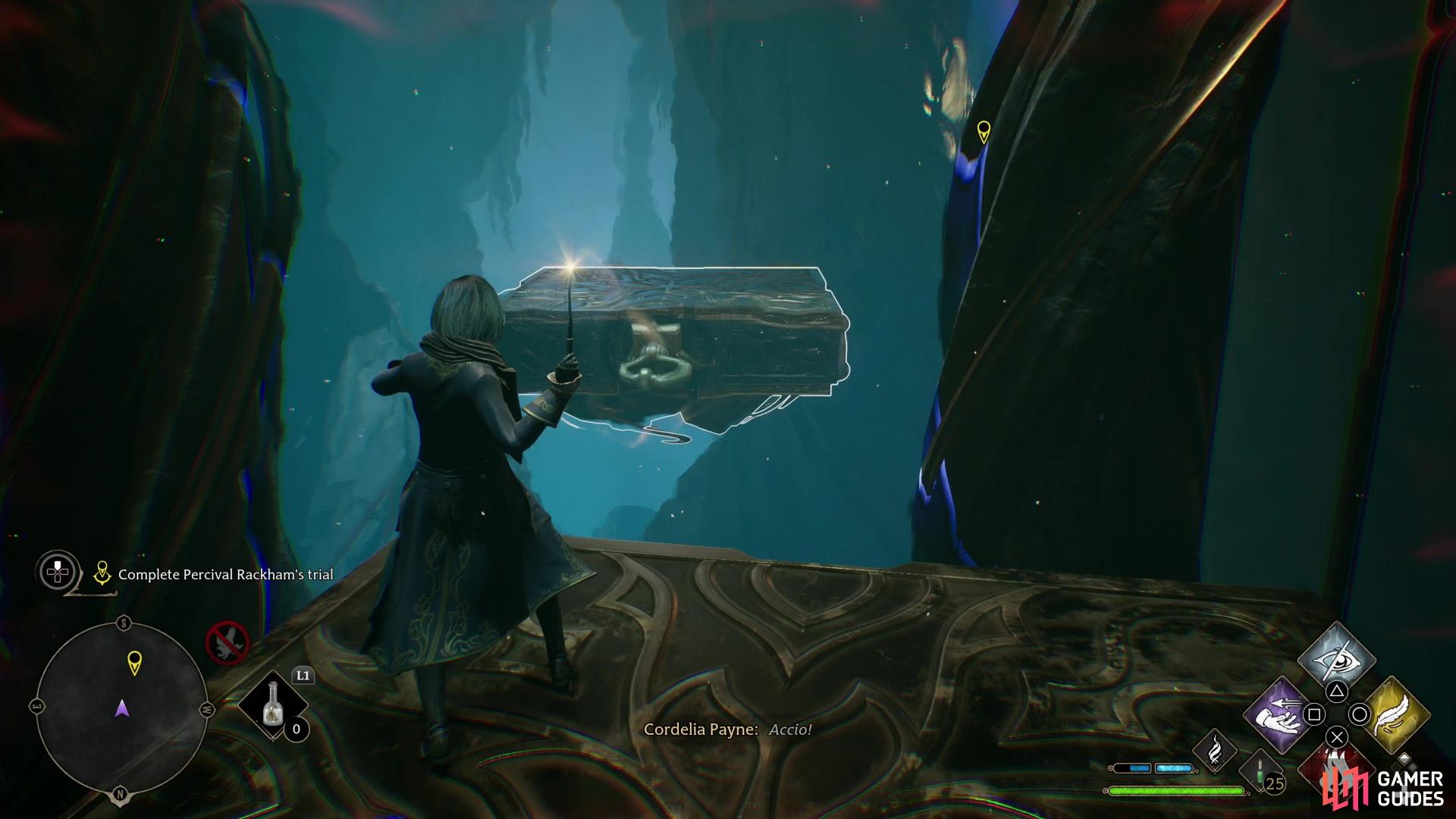Maneuver the floating platform so it’s in front (north of) the portal arch, then use !Accio to pull another floating platform towards the portal arch.