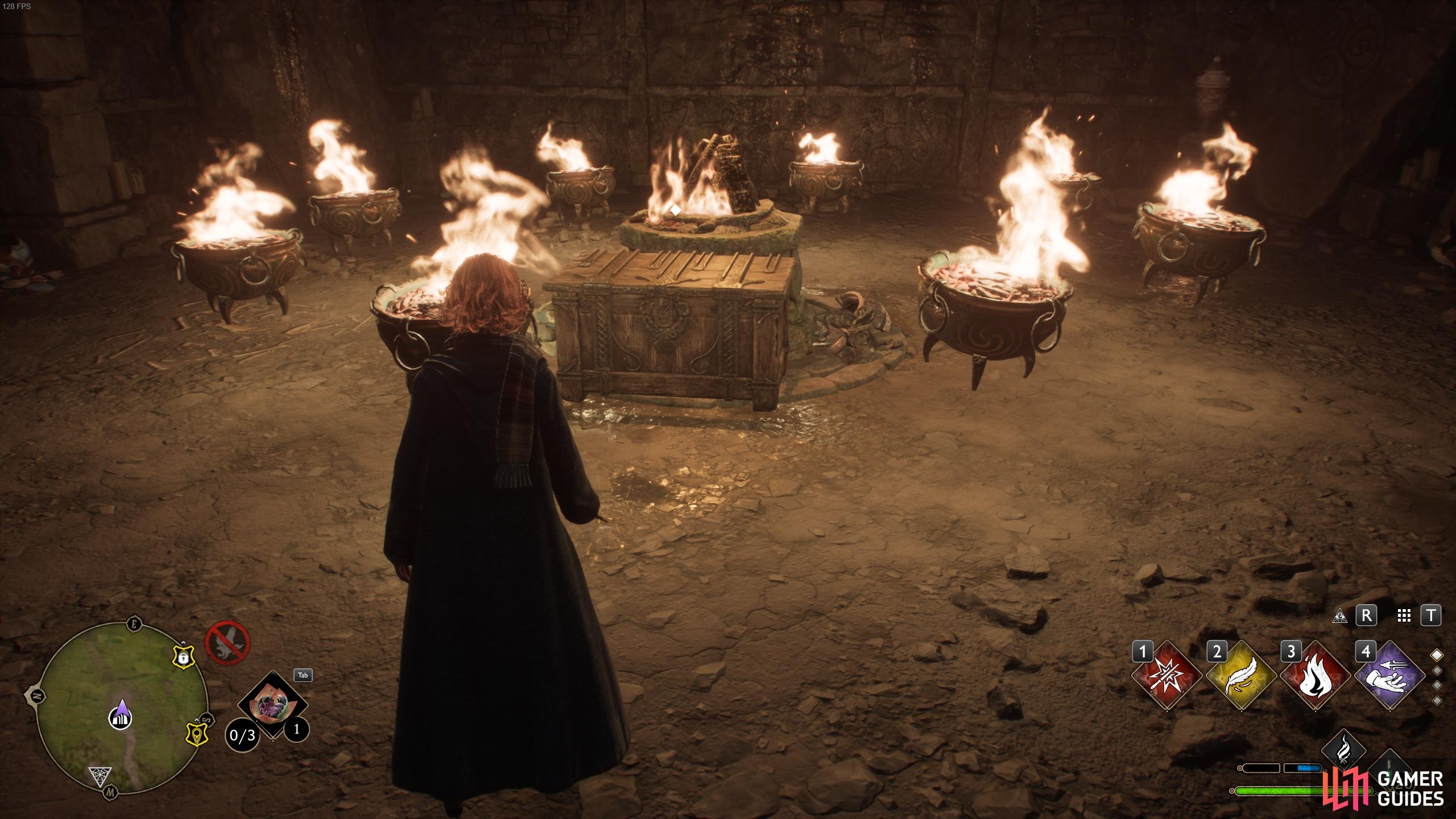 Use a fire based spell to light all the braziers and reveal the treasure chest.