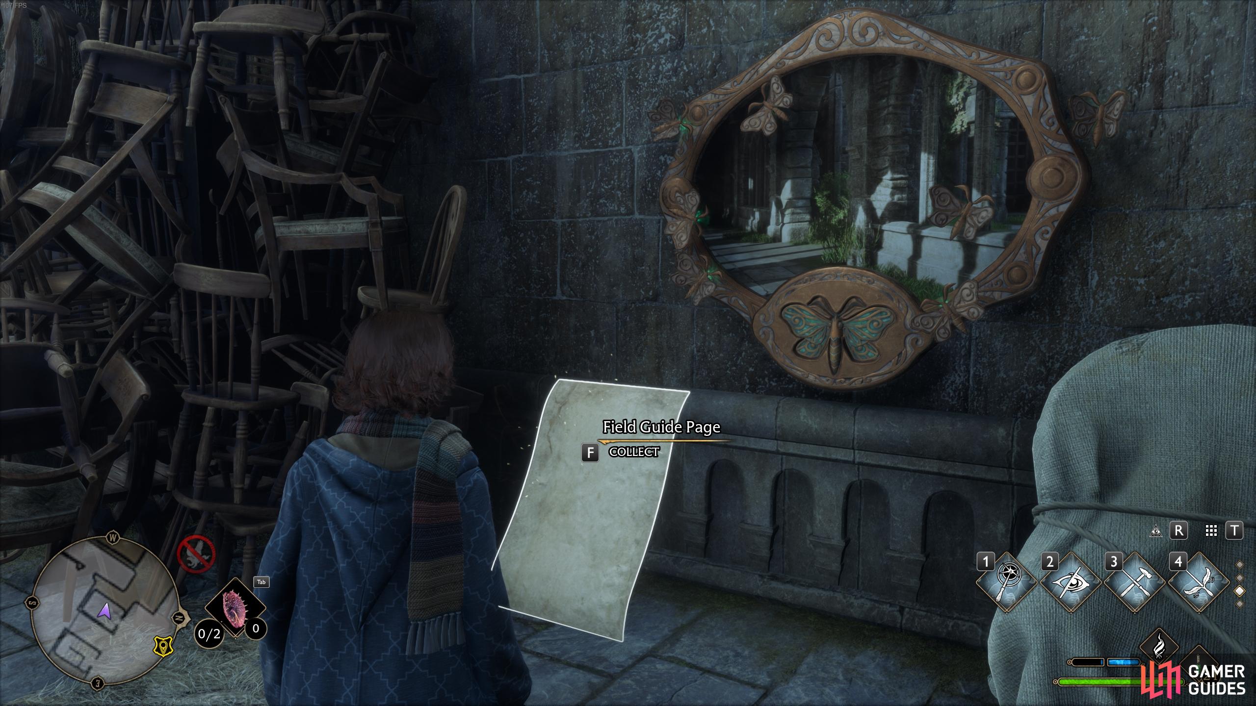 Once you reach the mirror with the  moth, decast Lumos to reveal the page.
